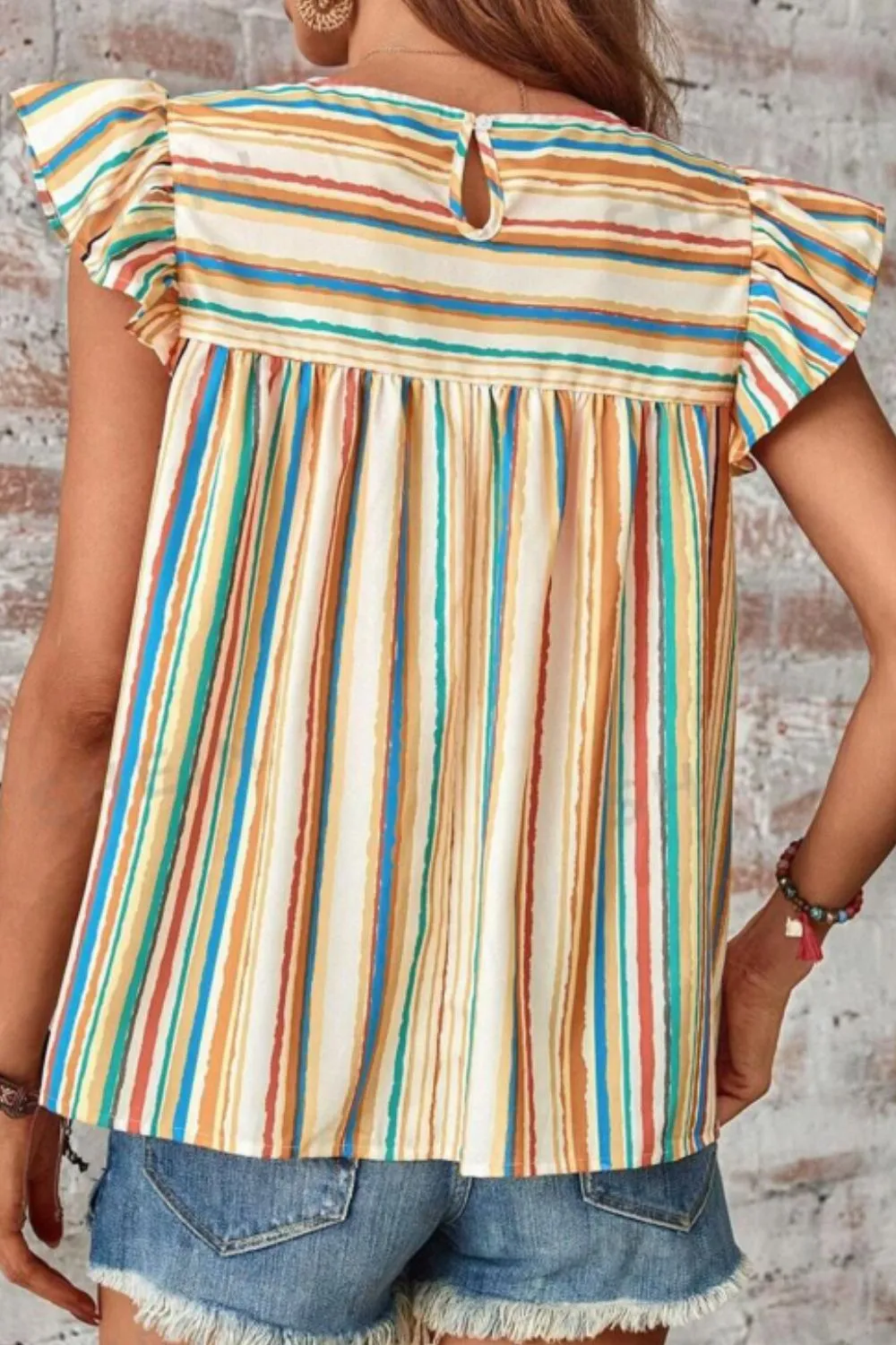 Colorful Striped Cap Sleeve Blouse - Image 2