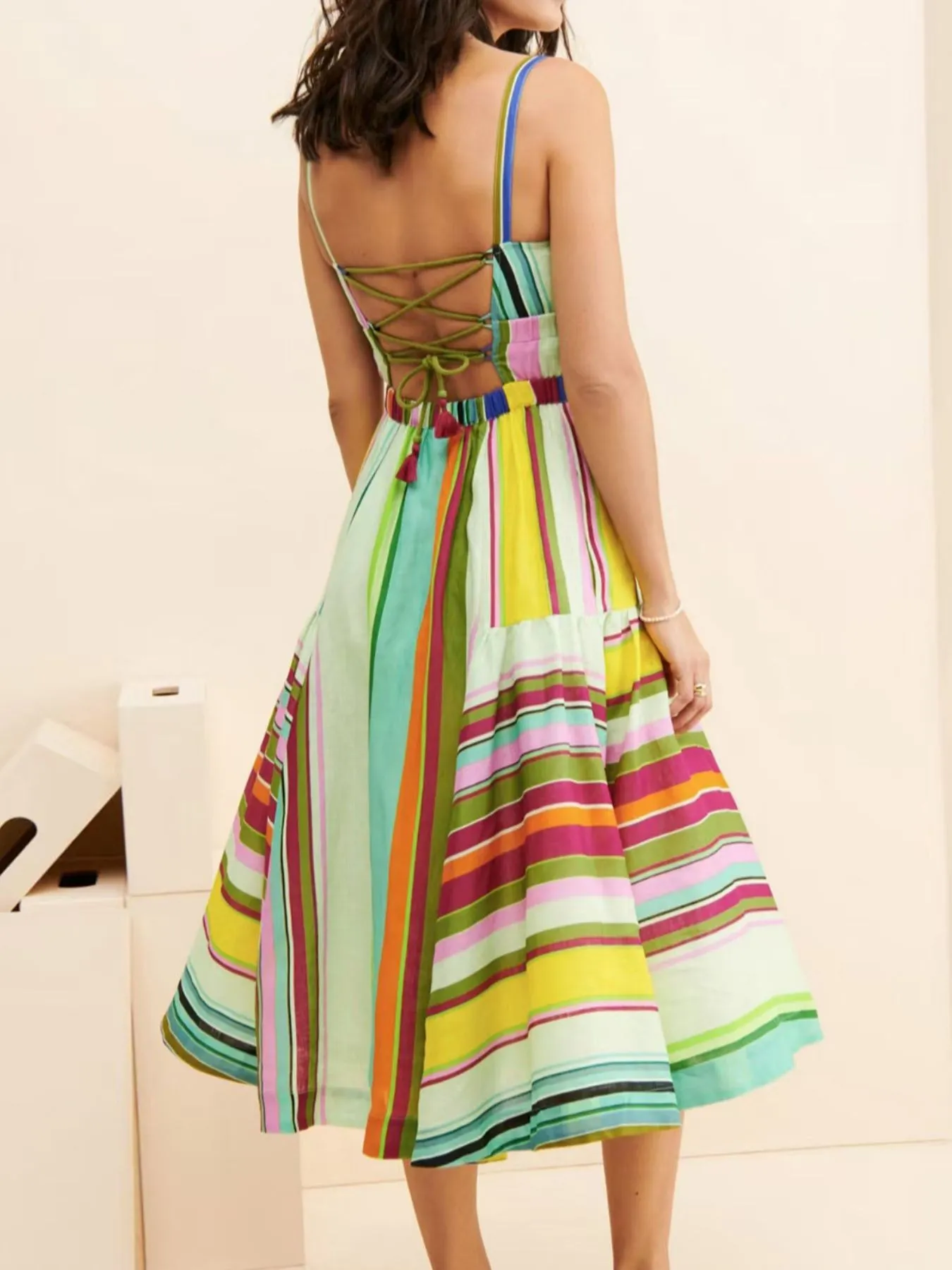 Colorful Striped Spaghetti Strap Midi Dress - Image 3