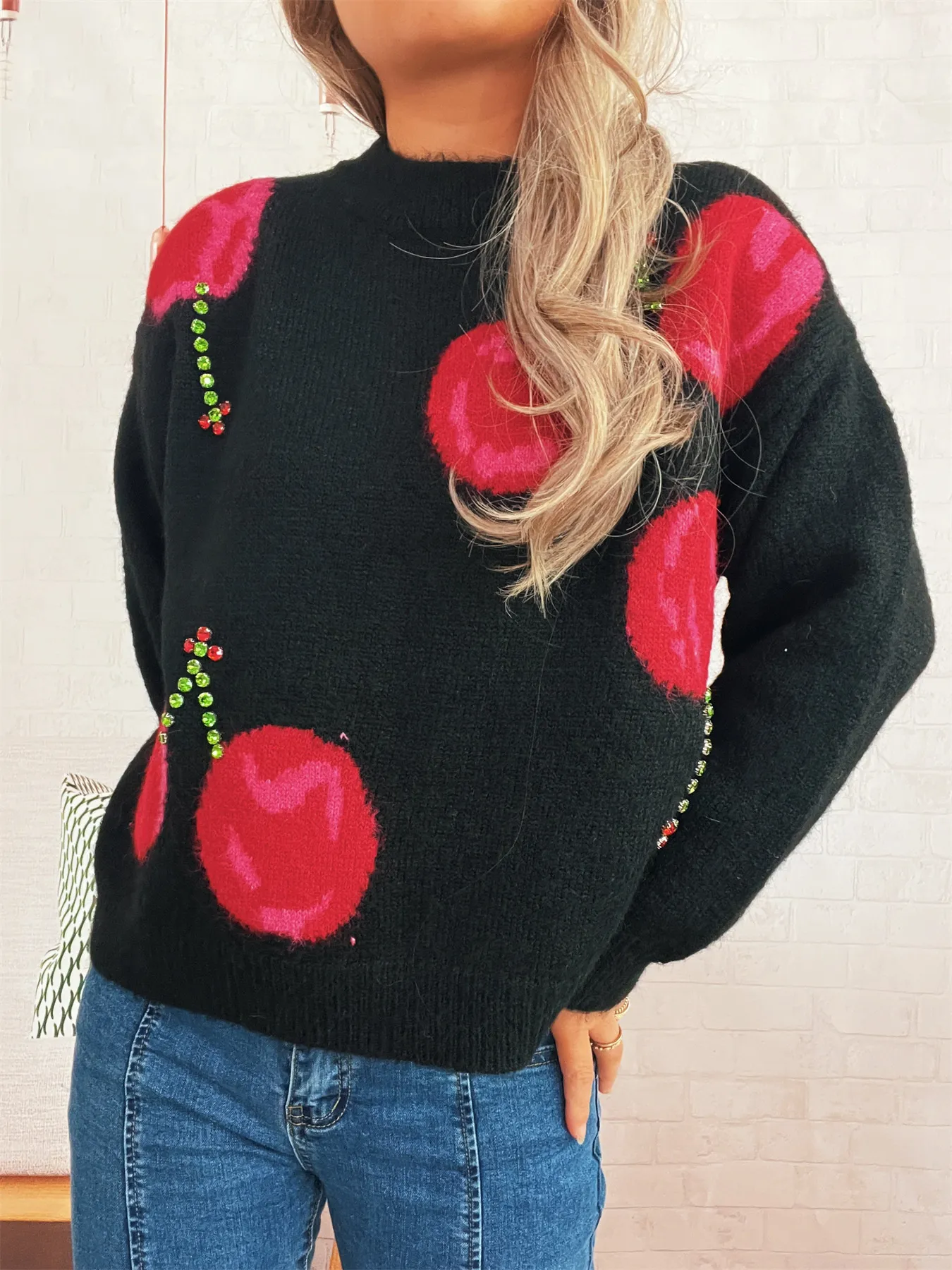Contrast Cherry Round Neck Sweater - Image 8