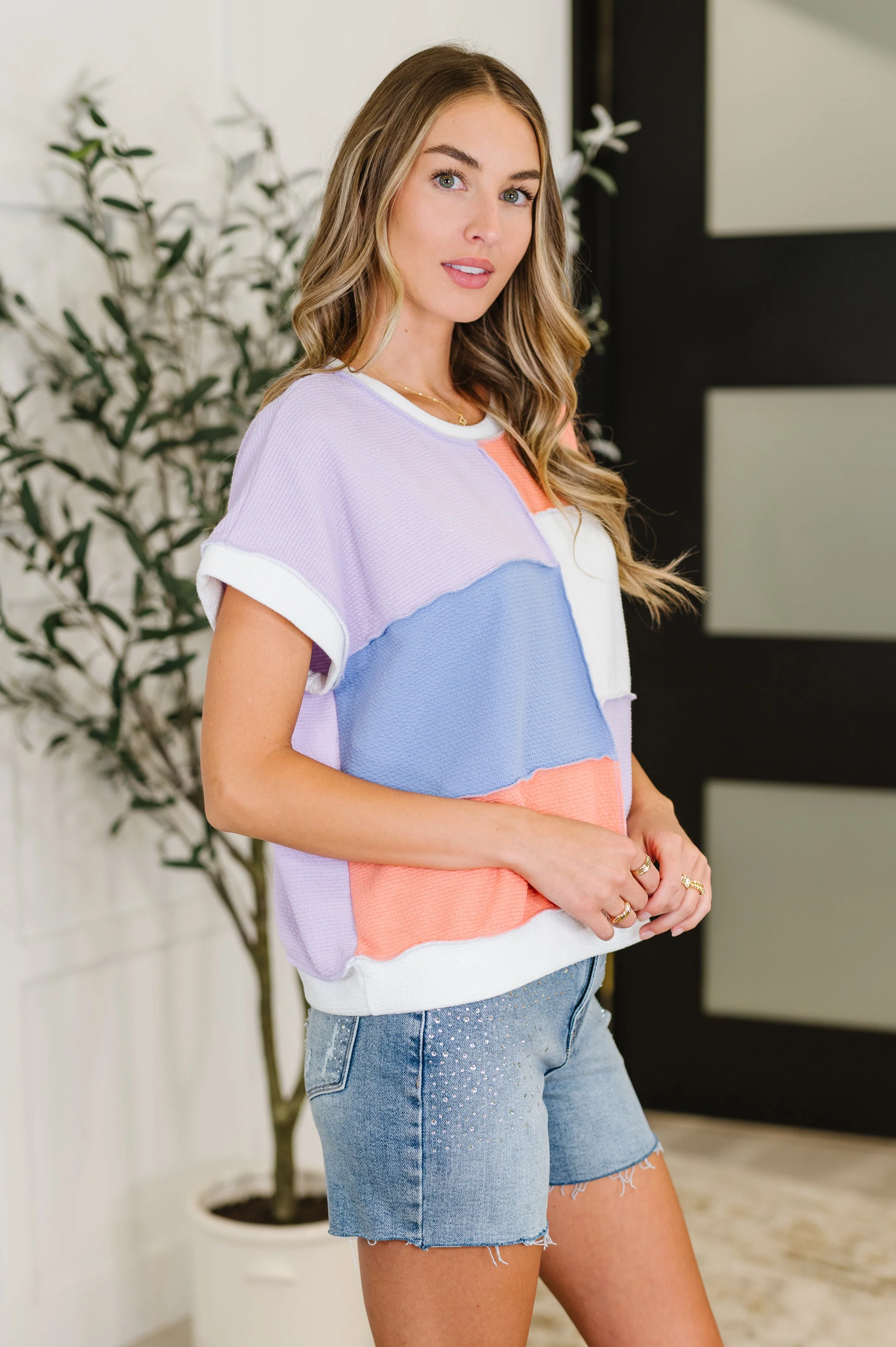 Contrast Club Color Block Top in Lilac, Orange and Denim - Image 4