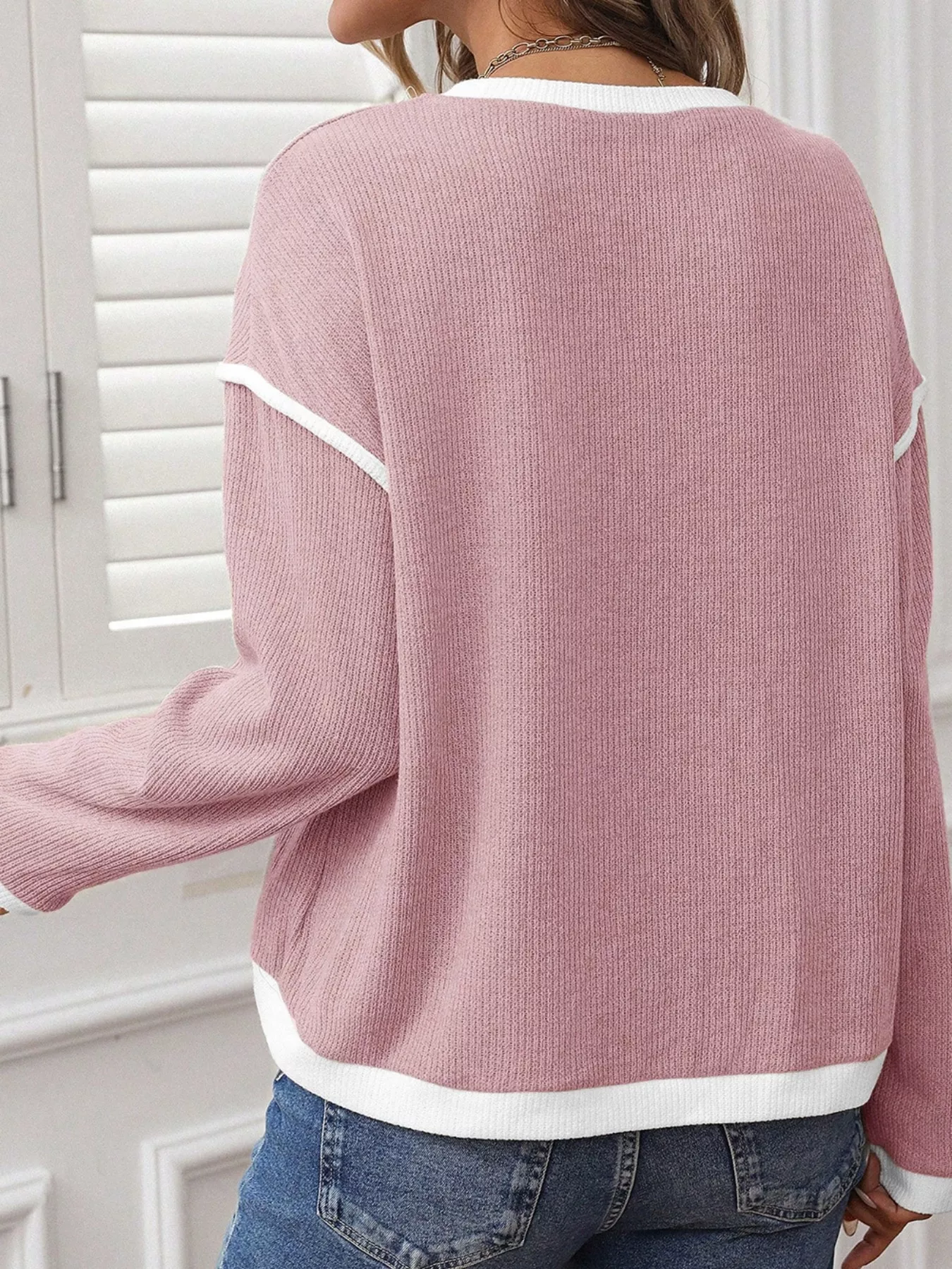 Contrast Color Trim Knit Drop Shoulder Loose Top - Image 4