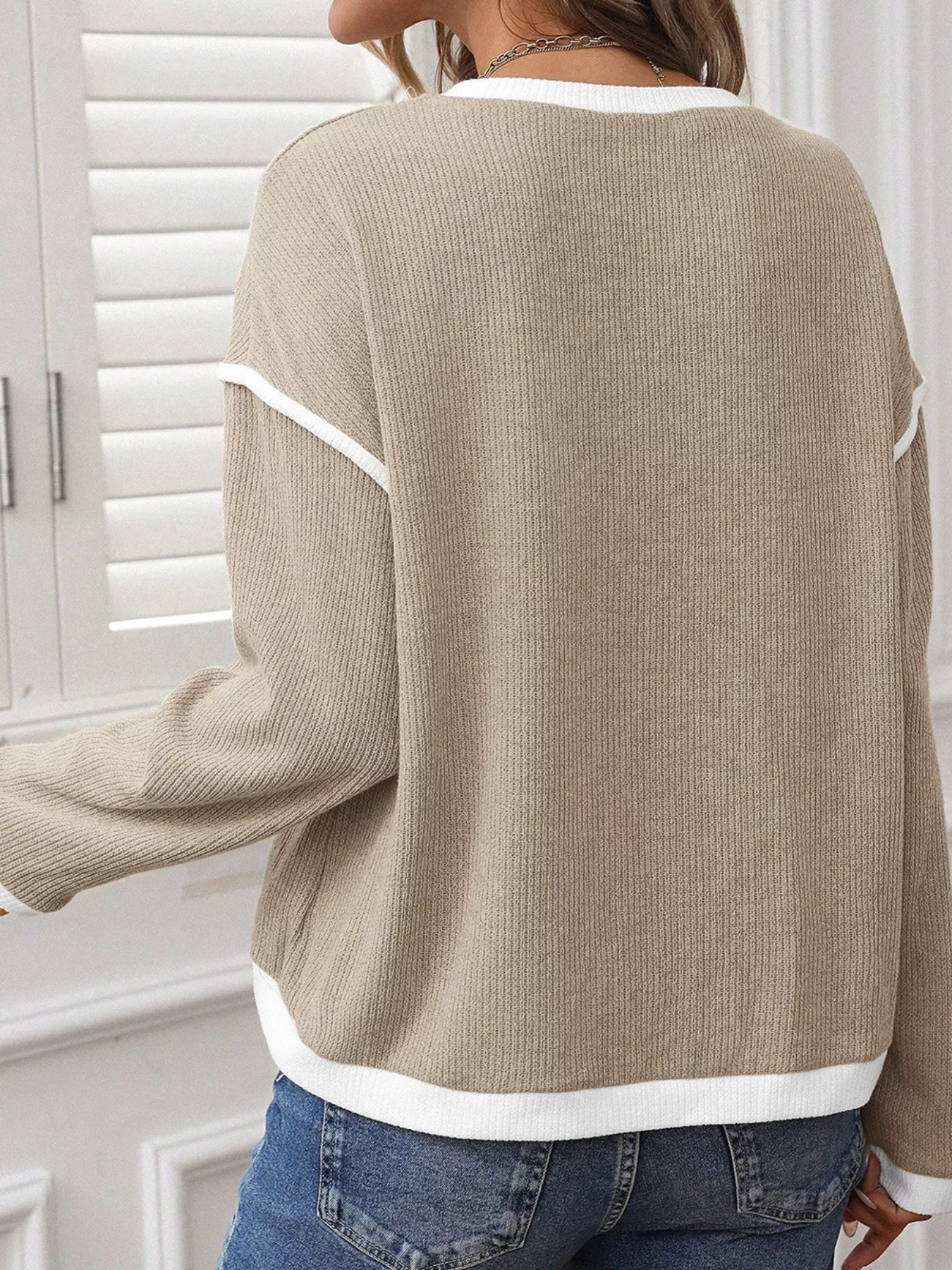 Contrast Color Trim Knit Drop Shoulder Loose Top - Image 7