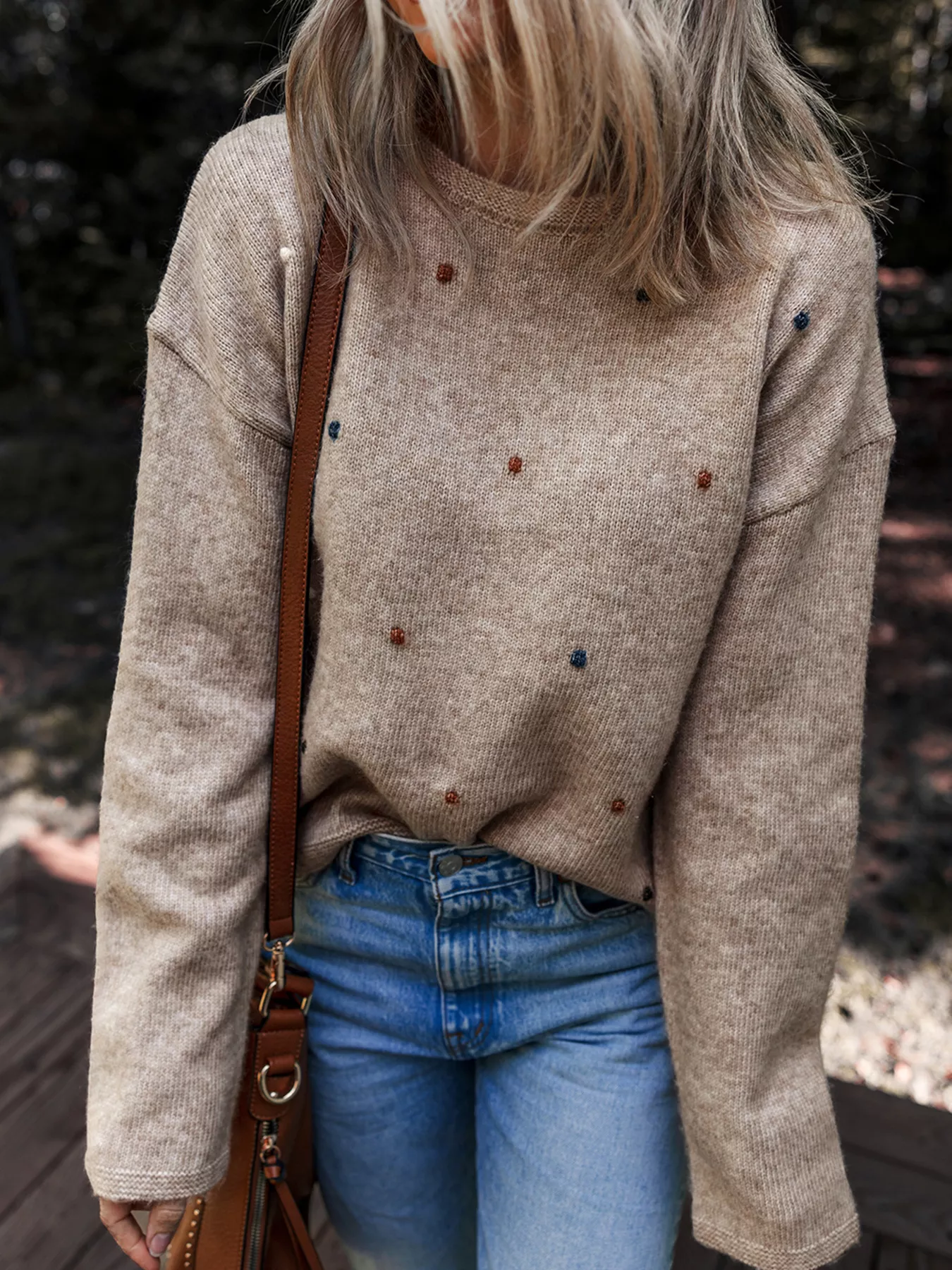 Contrast Colored Dot Detail Drop Shoulder Sweater - Image 3