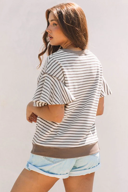 Contrast Detail Striped Ruffle Short Sleeve Top - Image 10