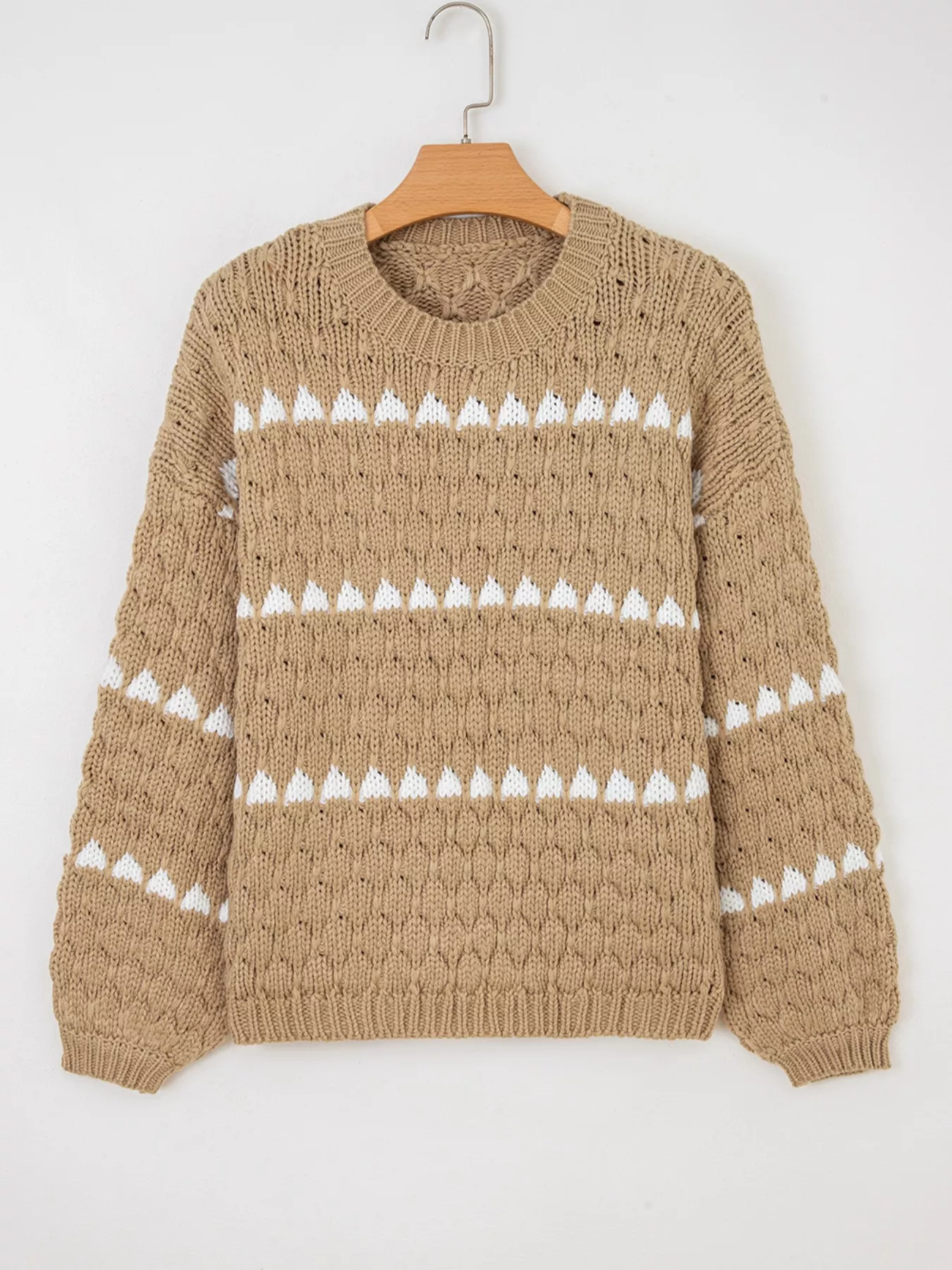 Contrast Detail Textured Knit Puff Sleeve Baggy Sweater - Image 4