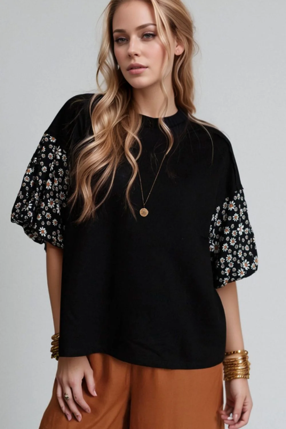 Contrast Floral Puff Sleeve Oversized Top - Image 2