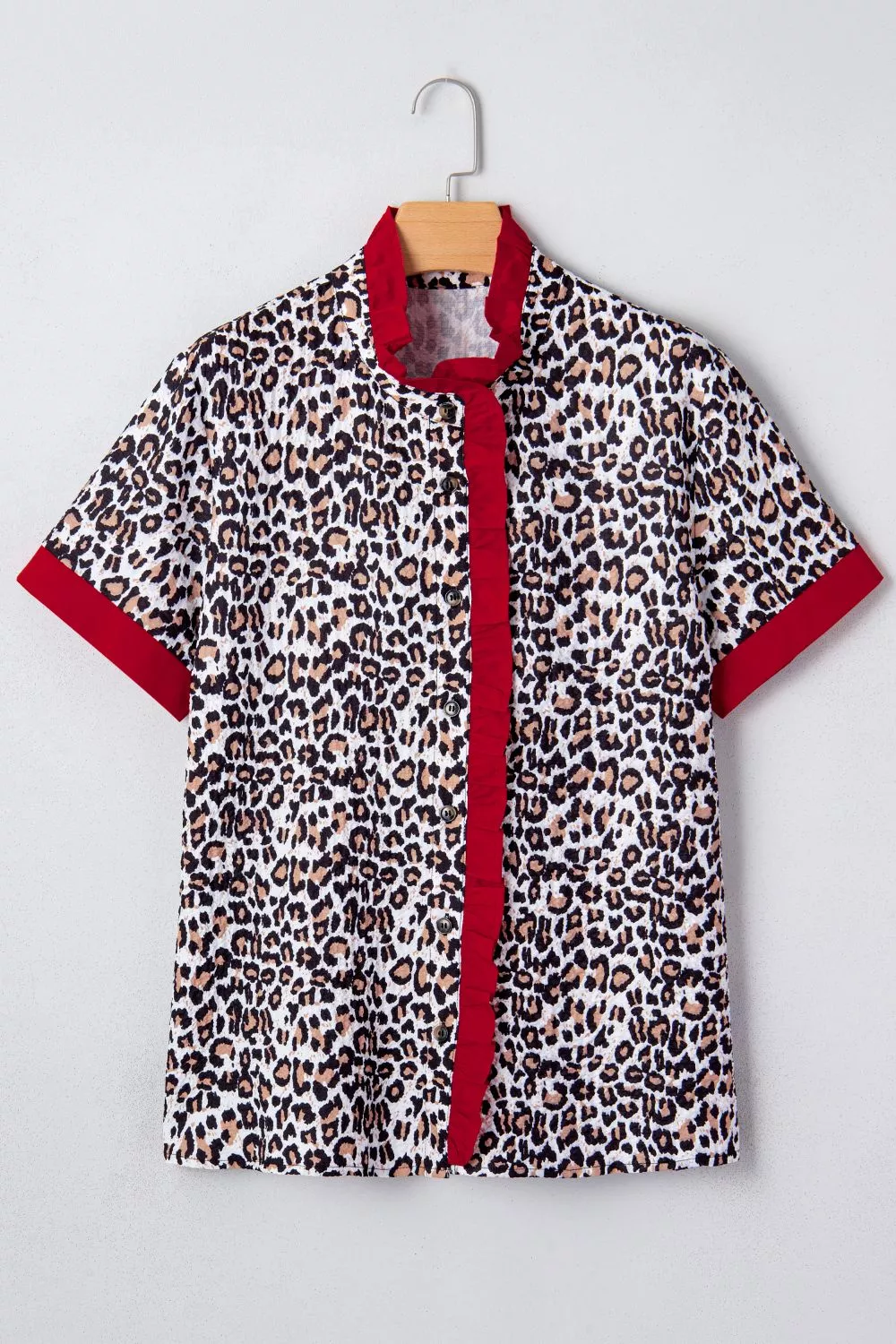 Contrast Frilled V Neck Trimmed Leopard Shirt - Image 2