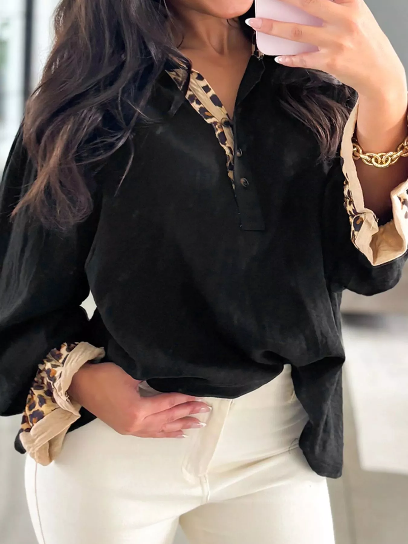 Contrast Leopard Print Patchwork Polo Collar Buttons Front Long Sleeve Blouse - Image 3