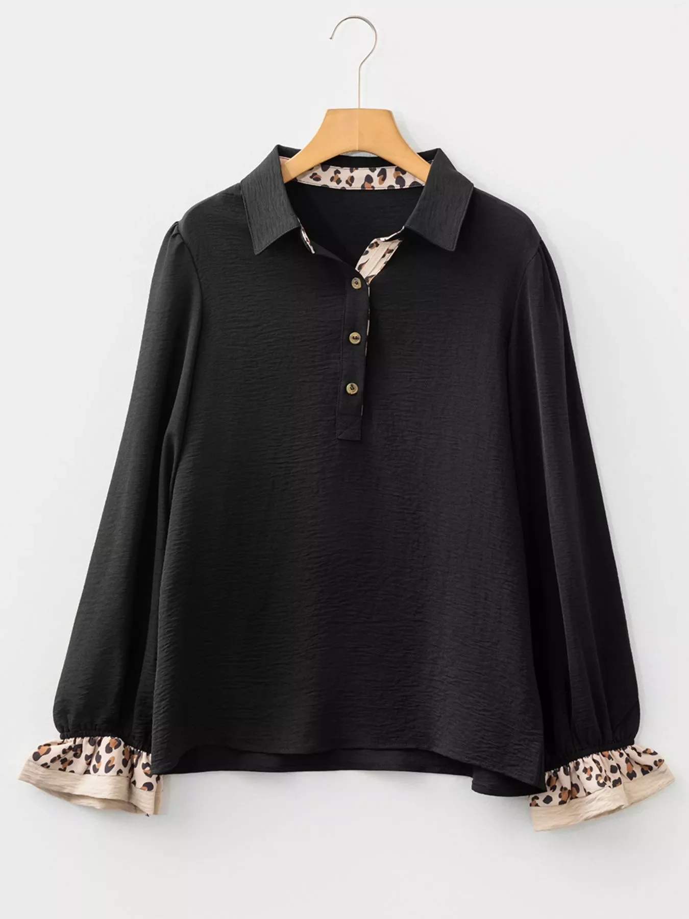 Contrast Leopard Print Patchwork Polo Collar Buttons Front Long Sleeve Blouse - Image 4
