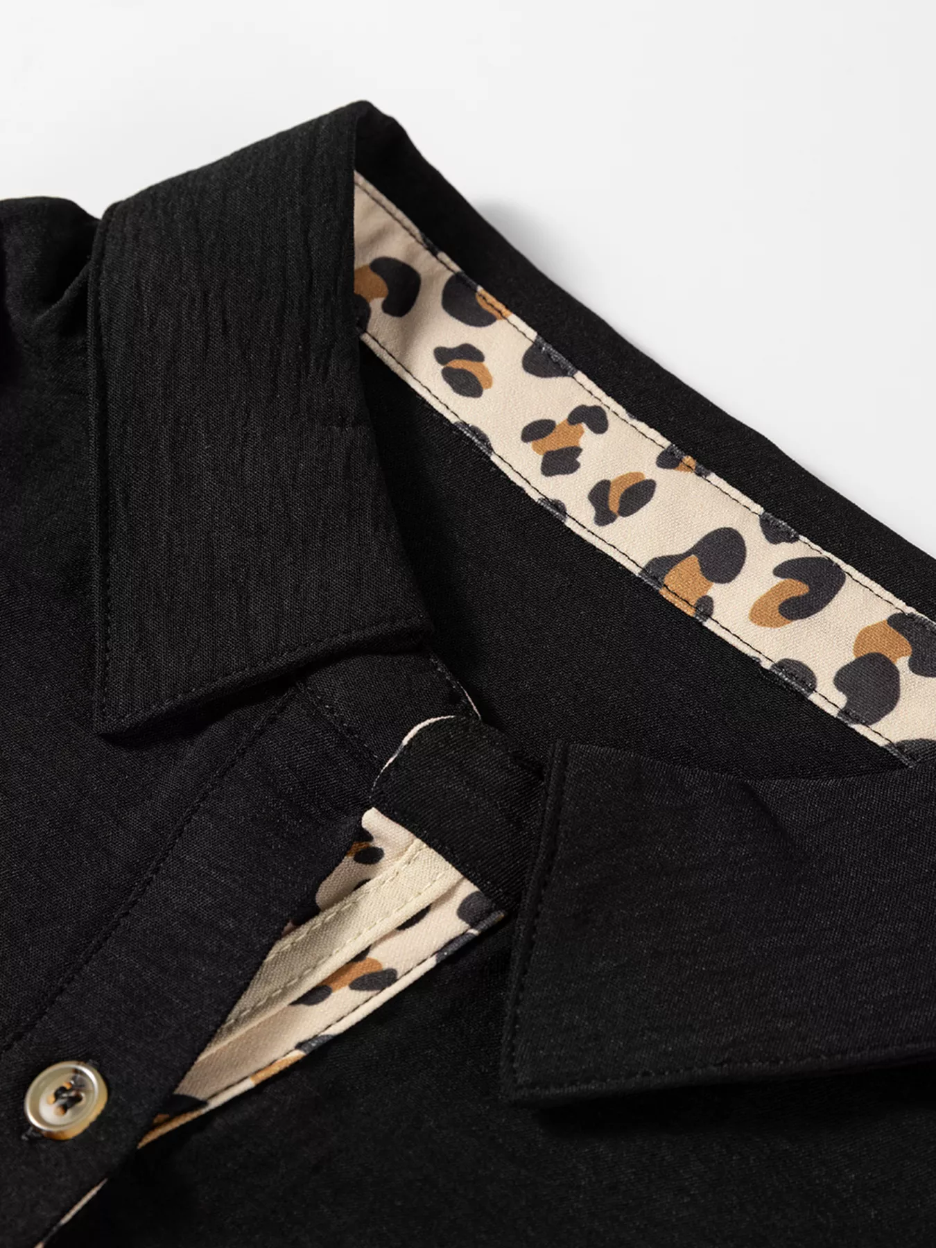 Contrast Leopard Print Patchwork Polo Collar Buttons Front Long Sleeve Blouse - Image 8