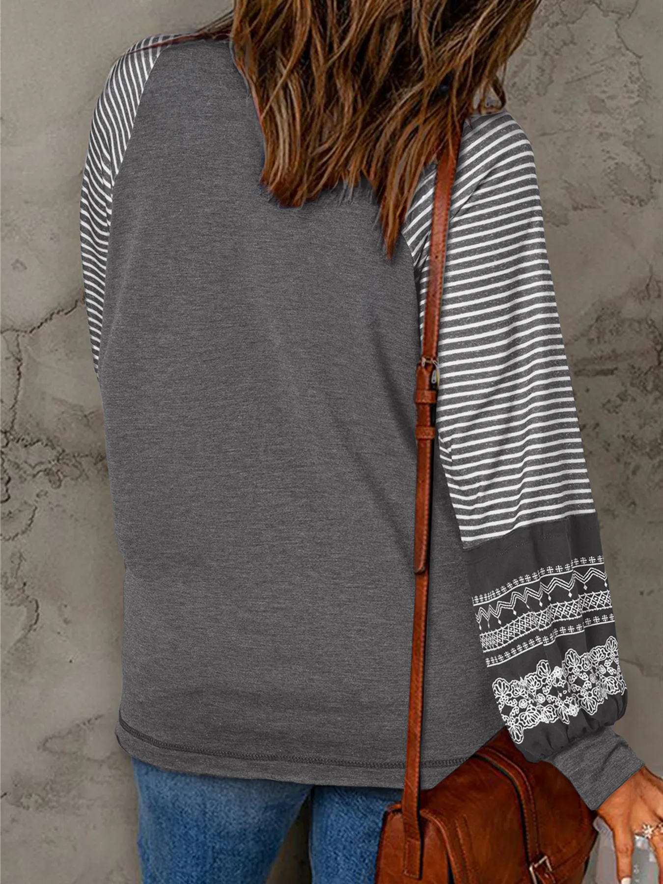 Contrast Print Striped Raglan Long Sleeve Loose Top - Image 19