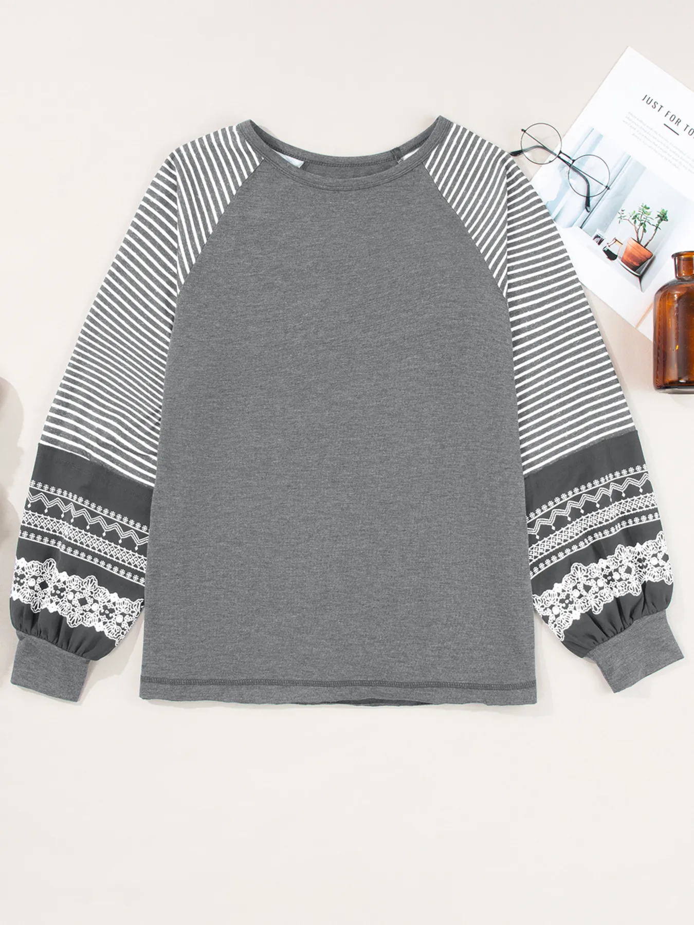 Contrast Print Striped Raglan Long Sleeve Loose Top - Image 20