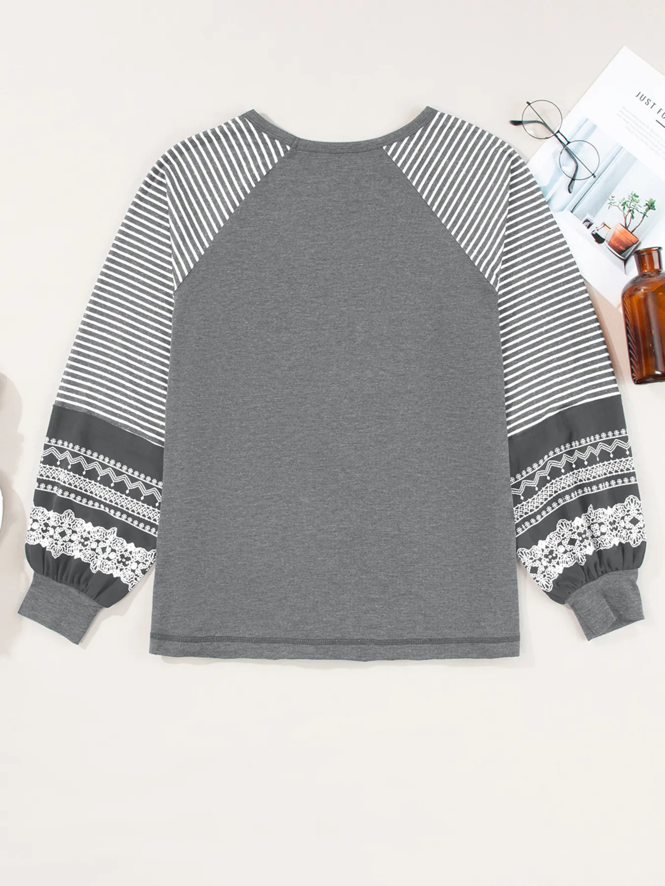 Contrast Print Striped Raglan Long Sleeve Loose Top - Image 21