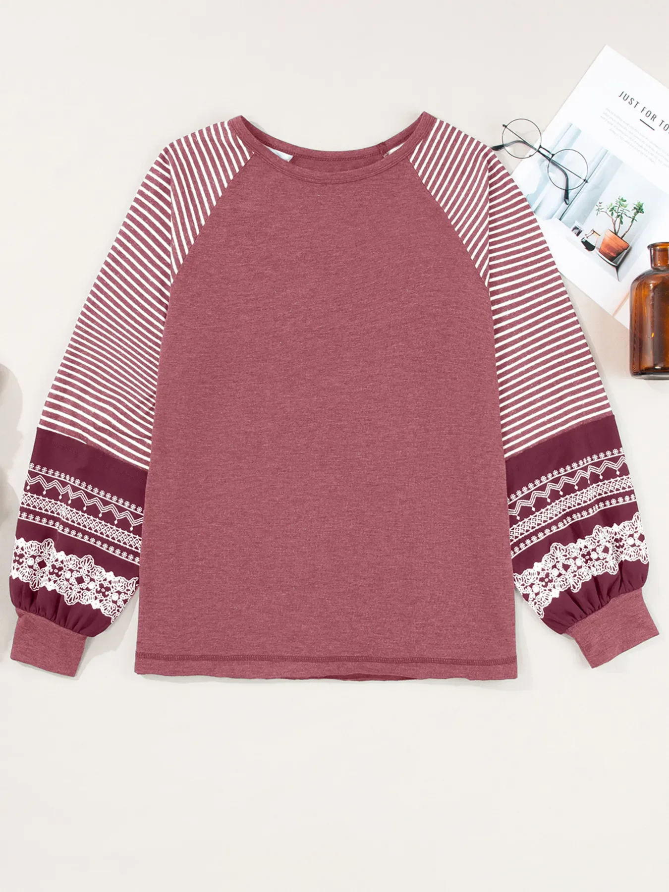 Contrast Print Striped Raglan Long Sleeve Loose Top - Image 26