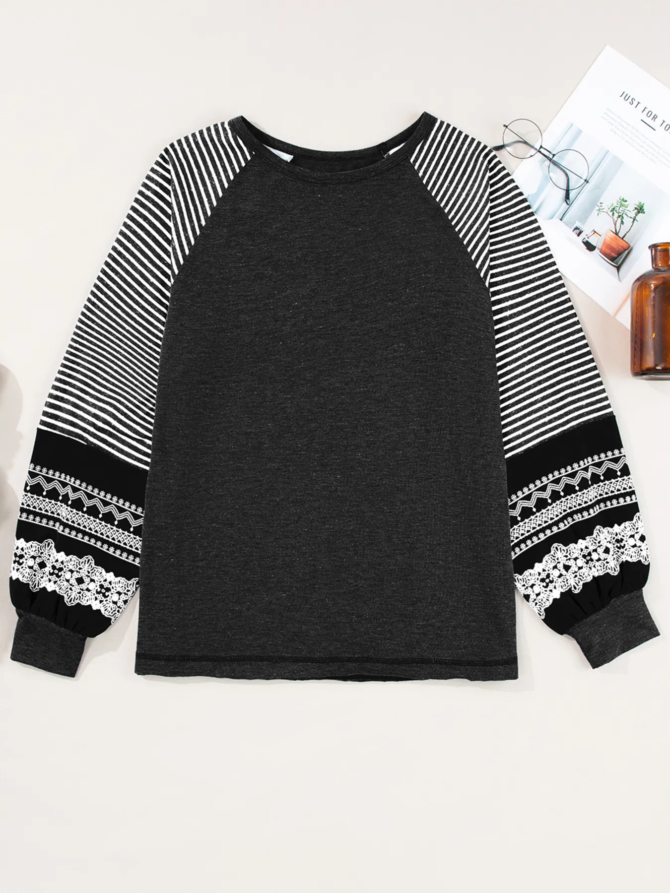 Contrast Print Striped Raglan Long Sleeve Loose Top - Image 30