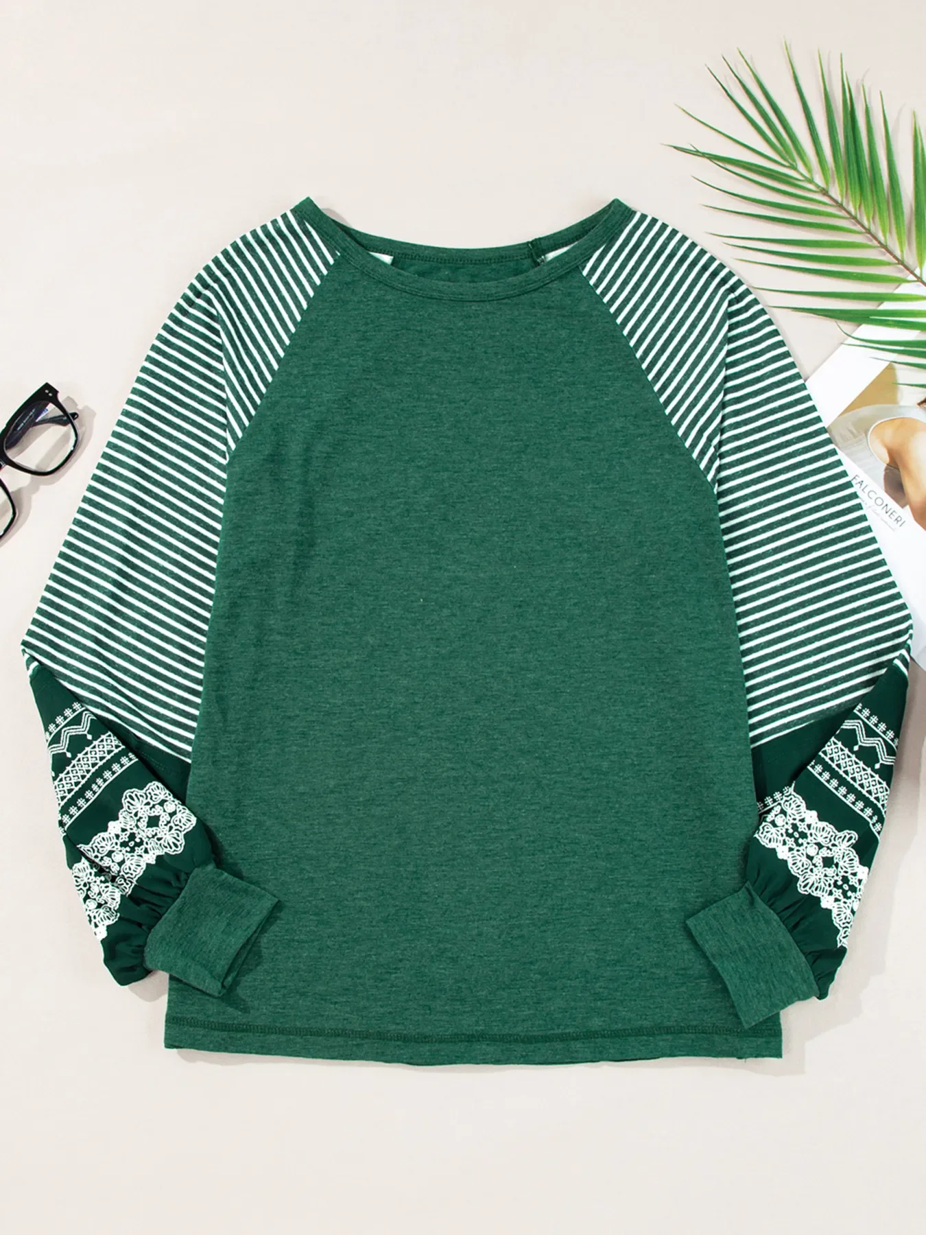 Contrast Print Striped Raglan Long Sleeve Loose Top - Image 6
