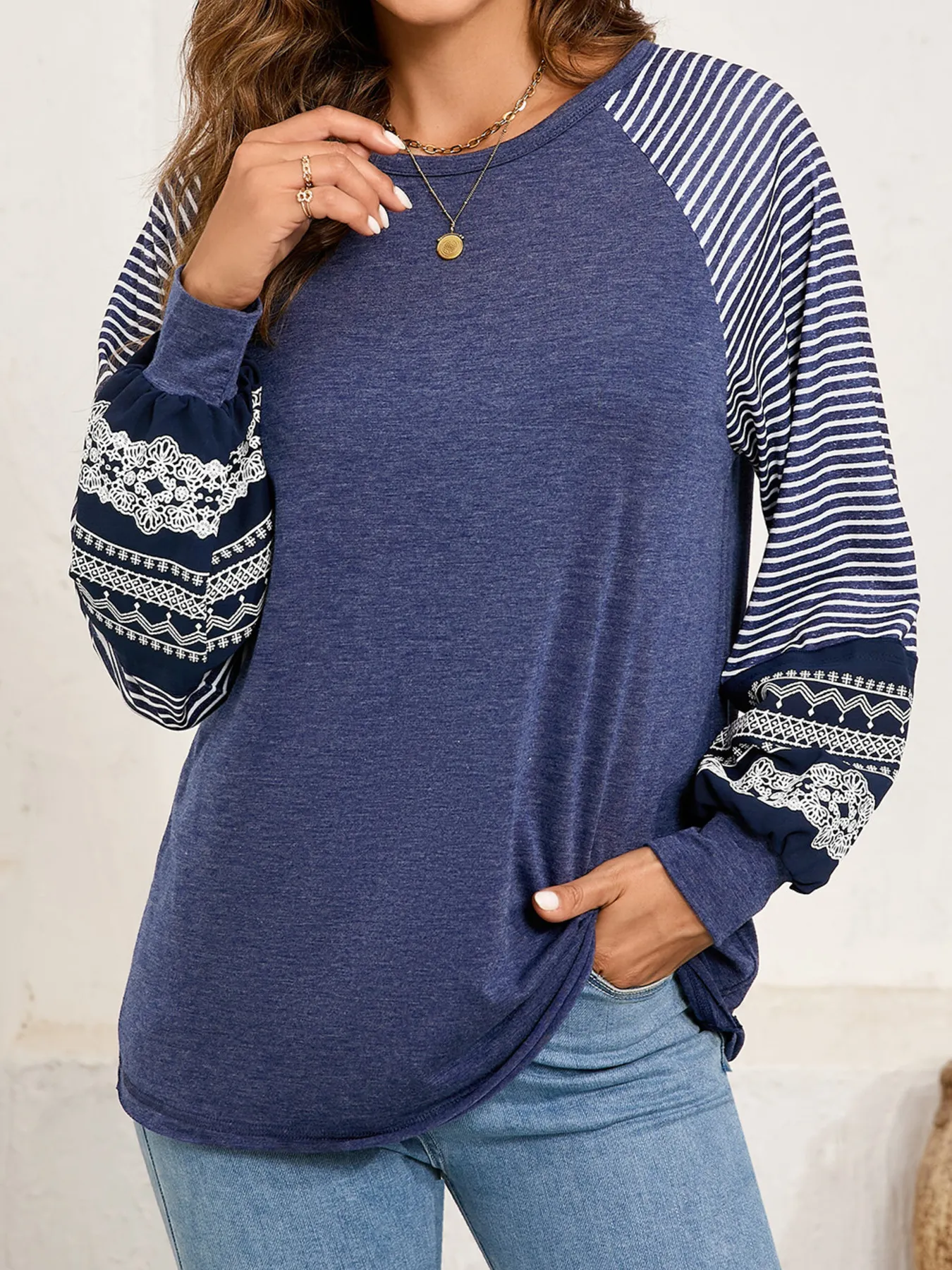 Contrast Print Striped Raglan Long Sleeve Loose Top - Image 8