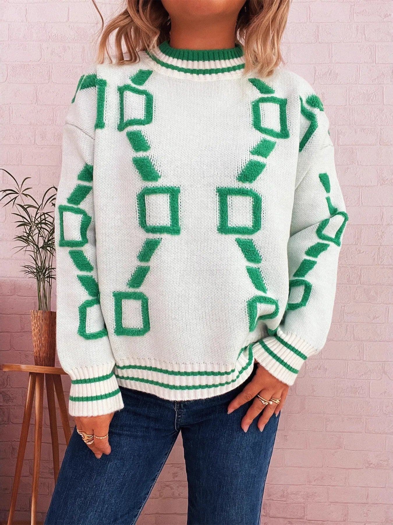 Contrast Round Neck Long Sleeve Sweater - Image 13