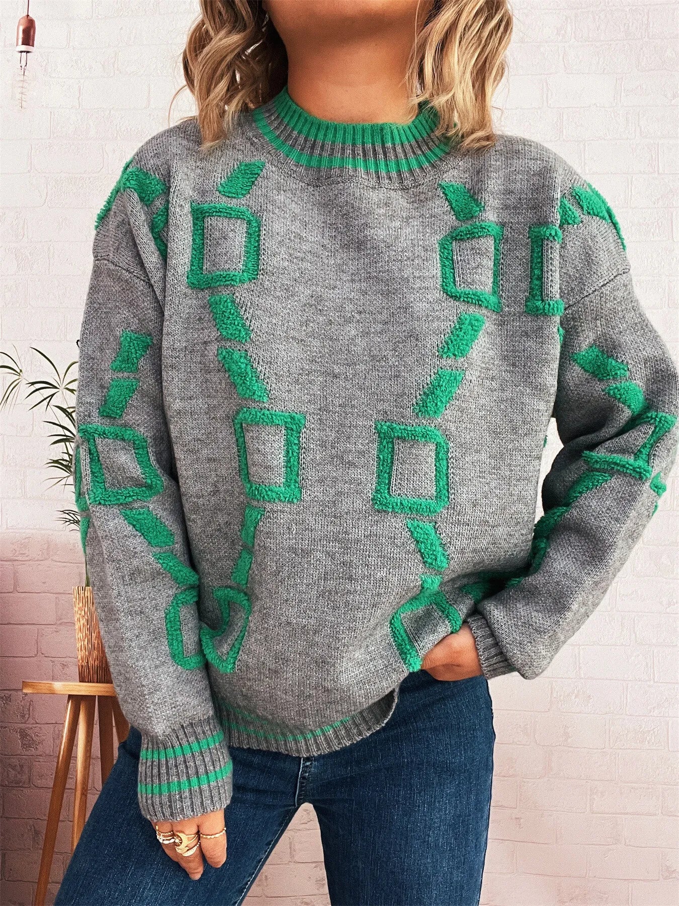 Contrast Round Neck Long Sleeve Sweater - Image 19