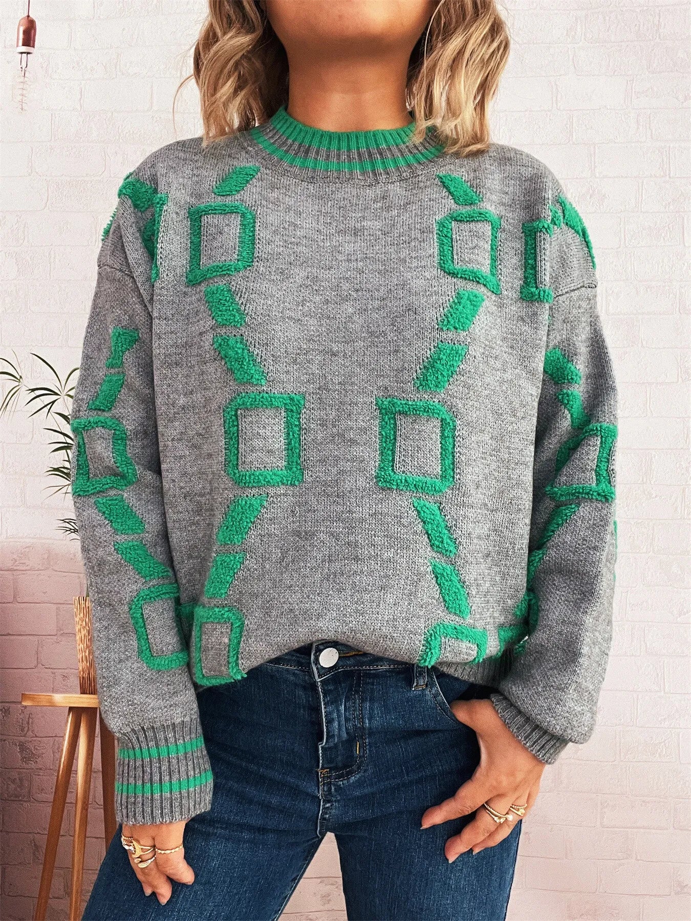 Contrast Round Neck Long Sleeve Sweater - Image 20
