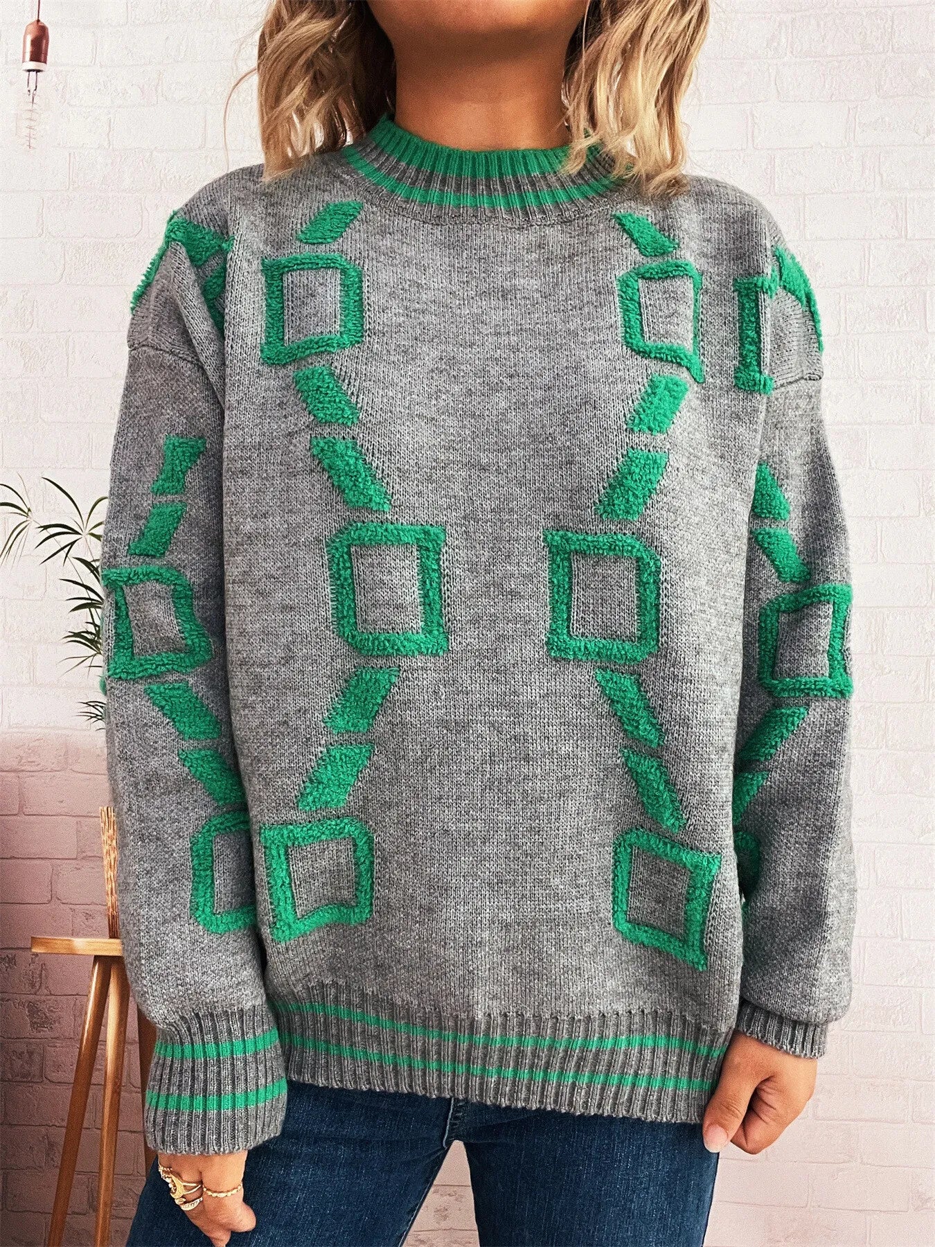 Contrast Round Neck Long Sleeve Sweater - Image 21