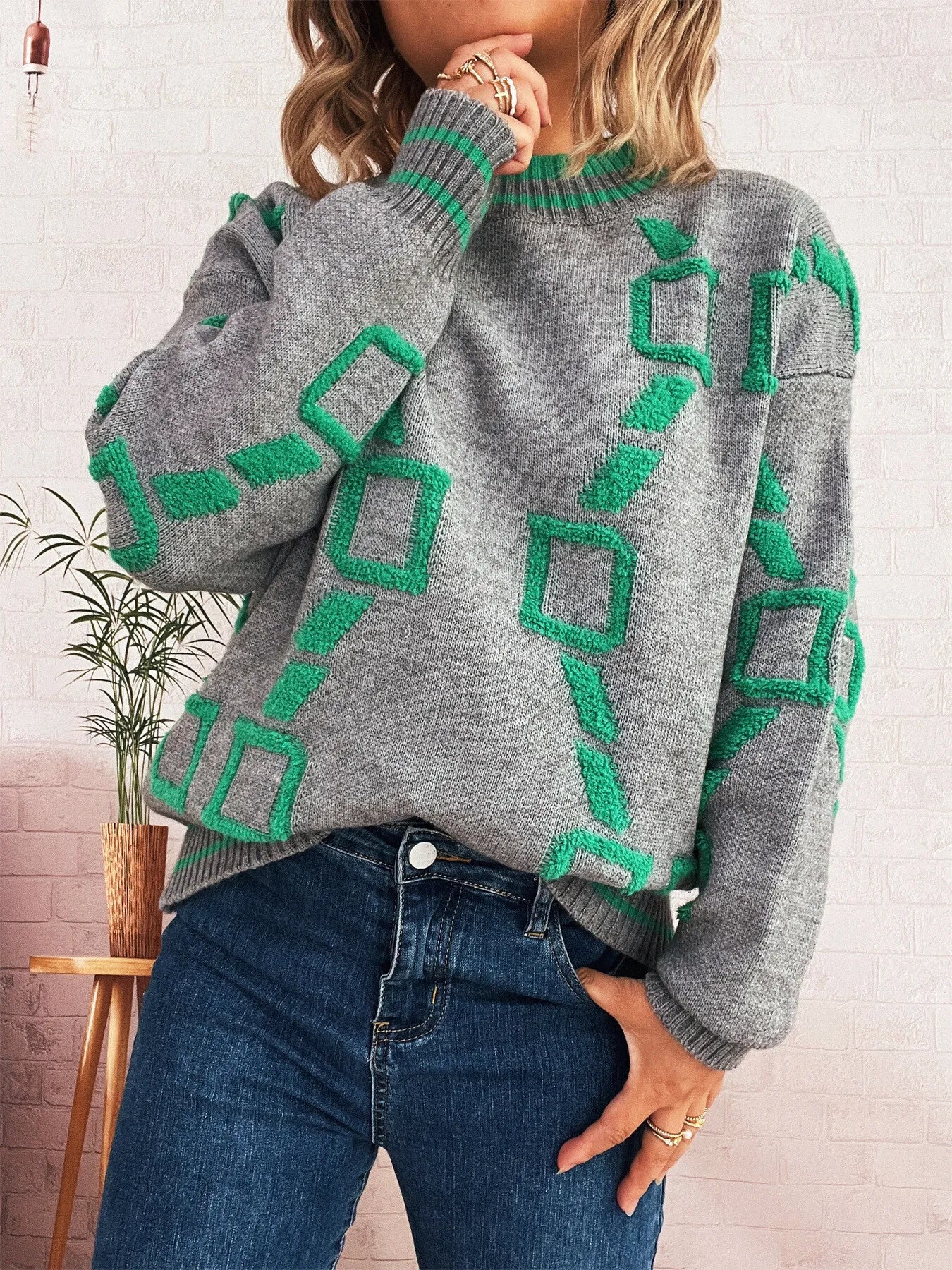 Contrast Round Neck Long Sleeve Sweater - Image 22