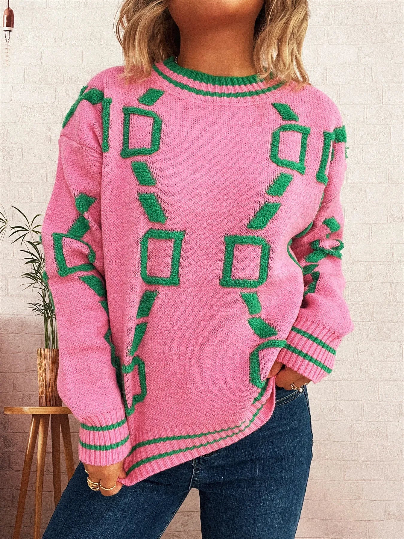 Contrast Round Neck Long Sleeve Sweater - Image 4