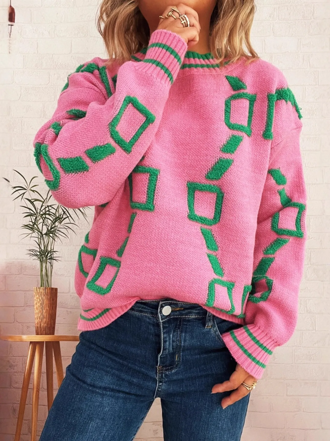 Contrast Round Neck Long Sleeve Sweater - Image 5
