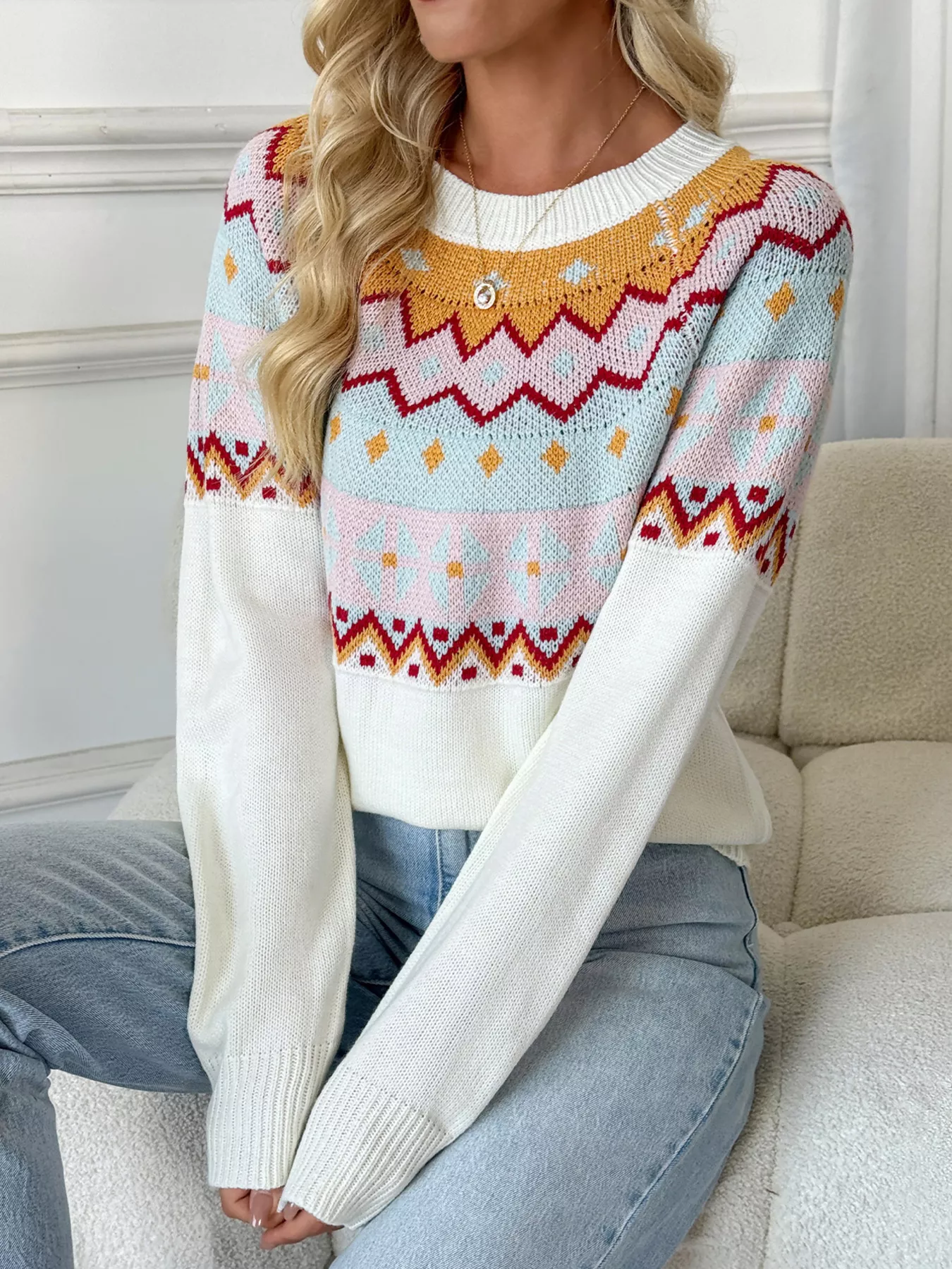 Contrast Round Neck Long Sleeve Sweater - Image 4