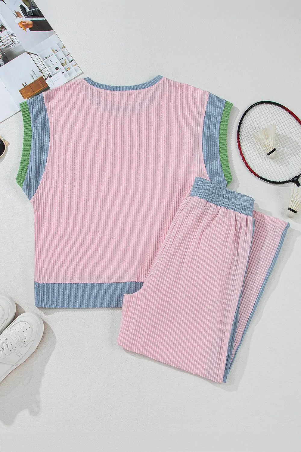 Contrast Round Neck Top and Pants Set - Image 7