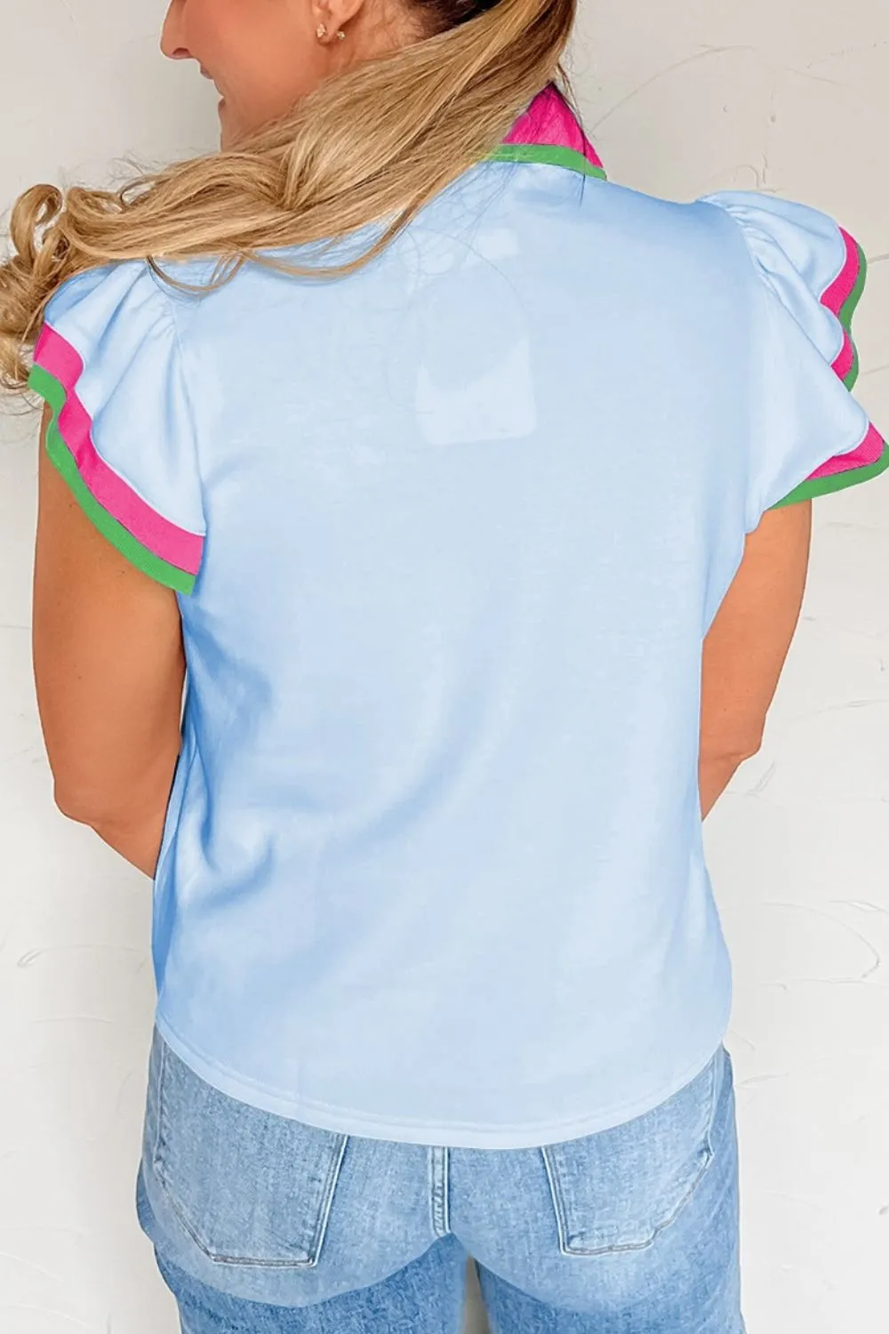 Contrast Ruffled Sleeve Collared V Neck Blouse - Image 12