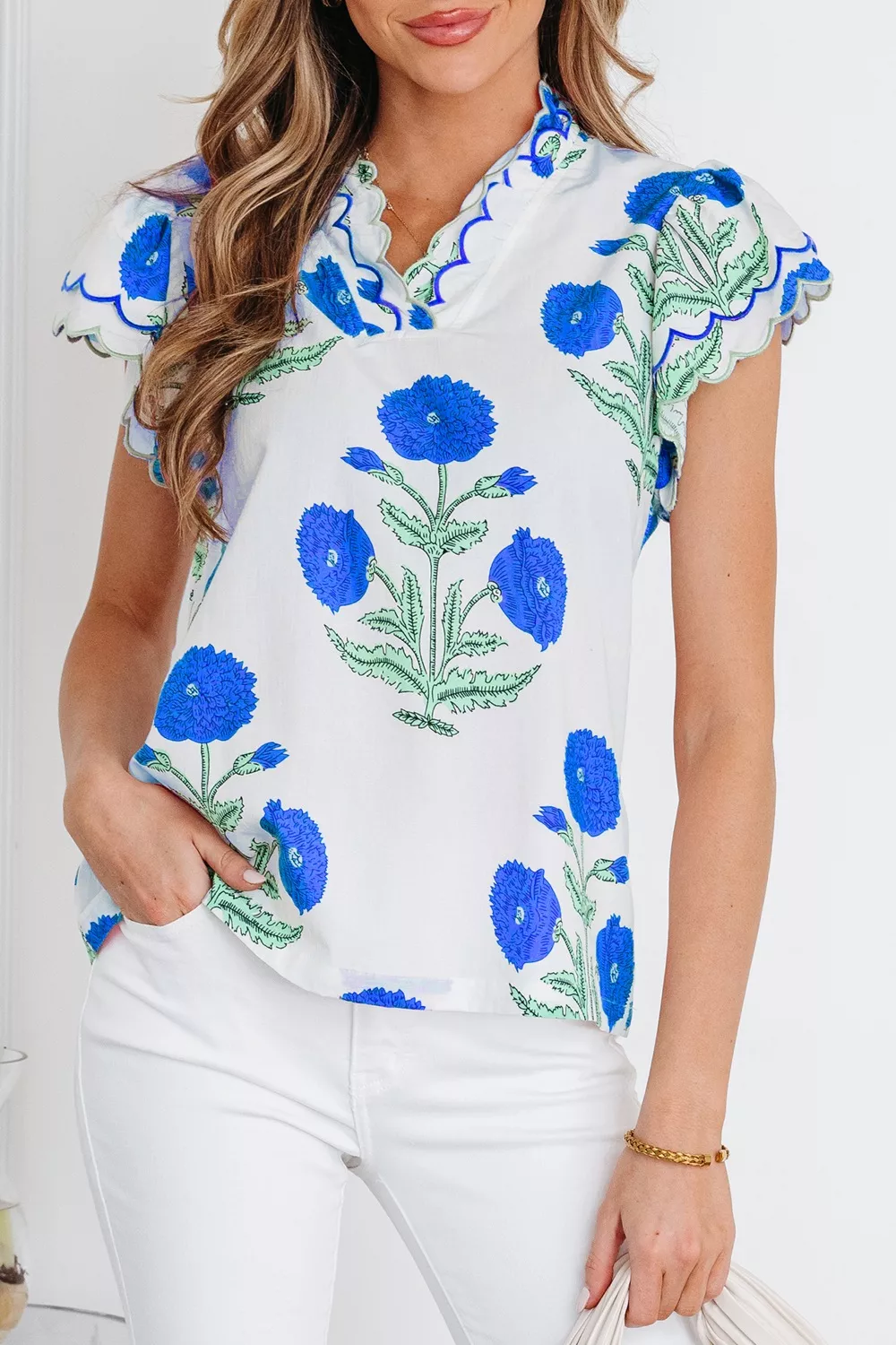 Contrast Scallop Trim Layered Short Sleeve V Neck Blouse - Image 13