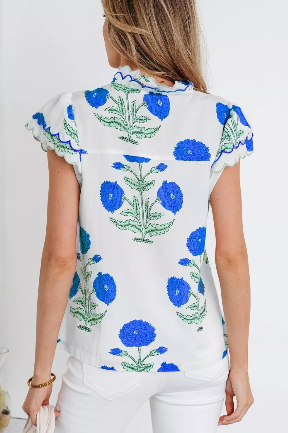 Contrast Scallop Trim Layered Short Sleeve V Neck Blouse - Image 15