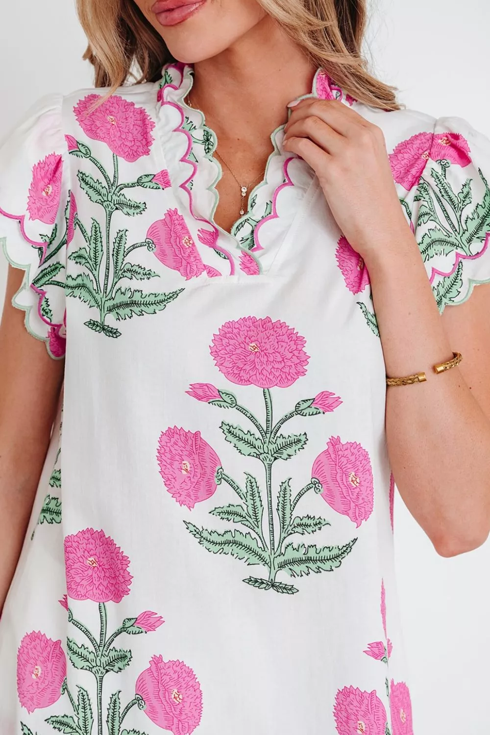 Contrast Scallop Trim Layered Short Sleeve V Neck Blouse - Image 5