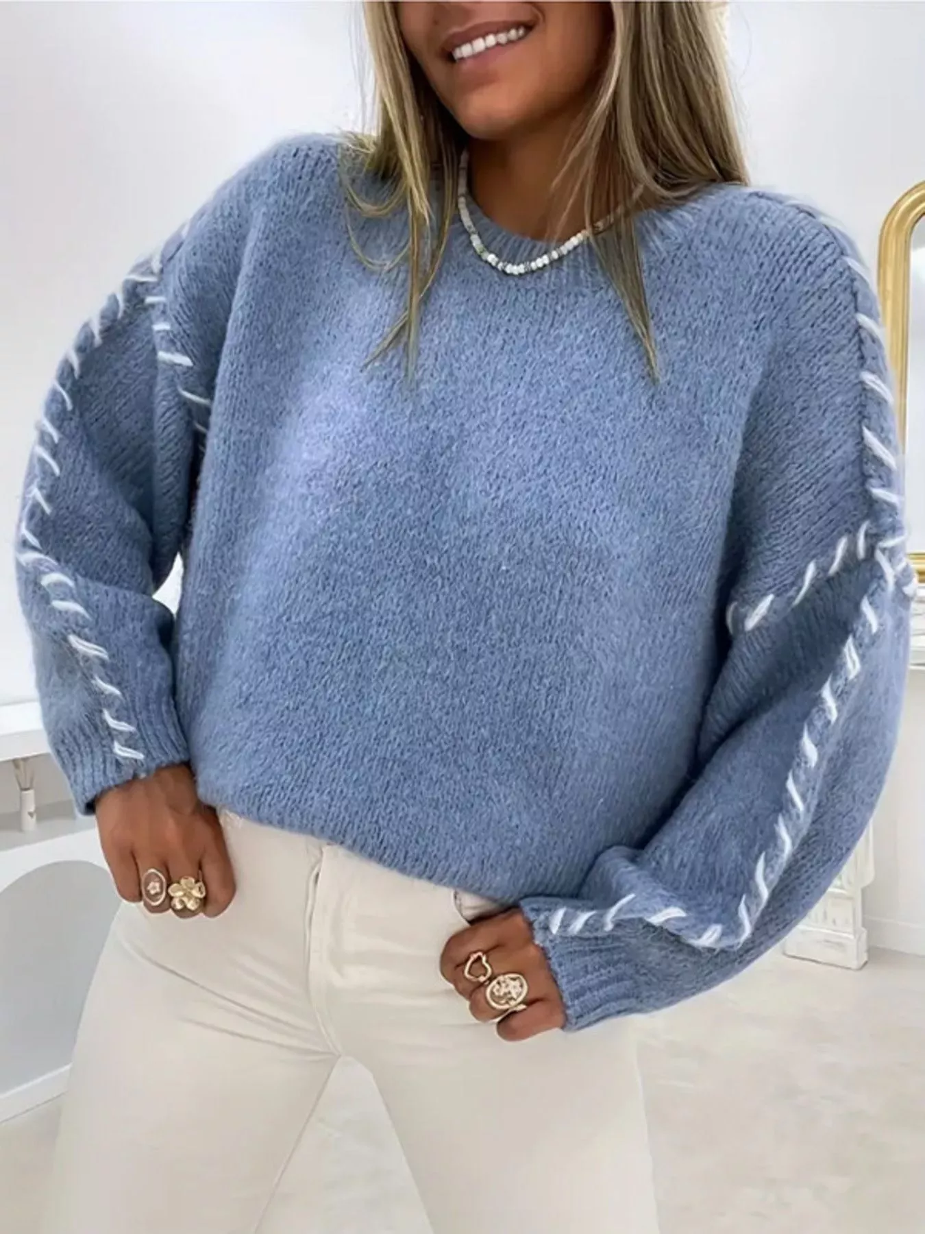 Contrast Stitching Dropped Shoulder Sweater - Image 11