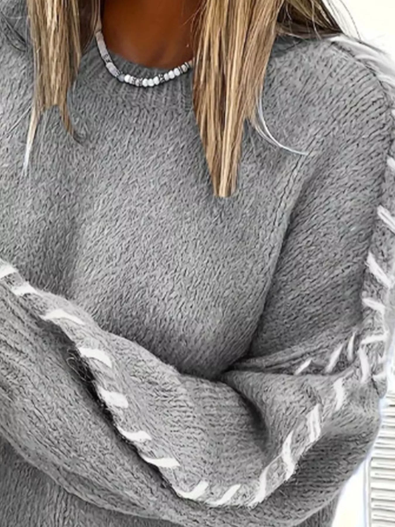 Contrast Stitching Dropped Shoulder Sweater - Image 15