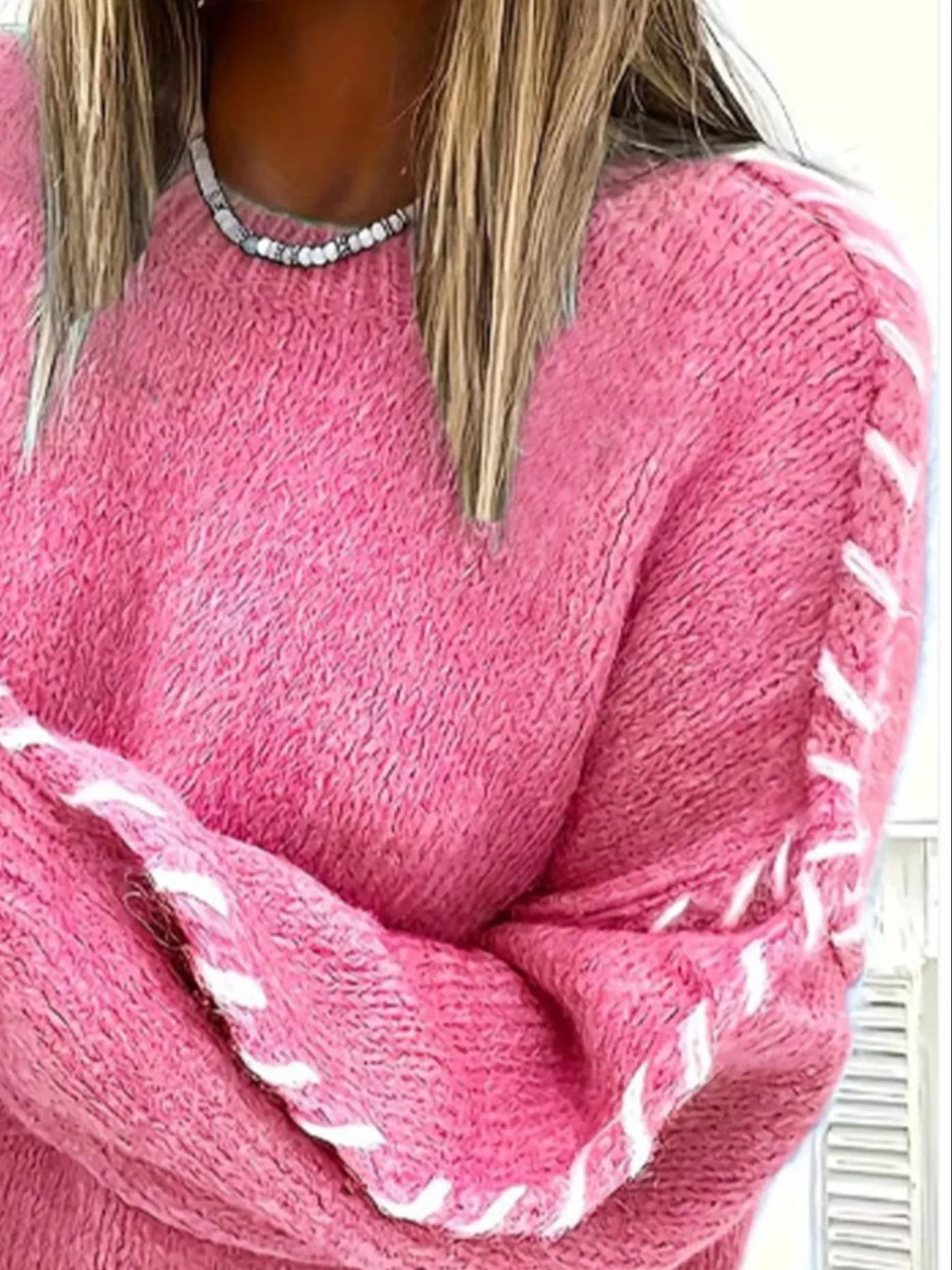 Contrast Stitching Dropped Shoulder Sweater - Image 21