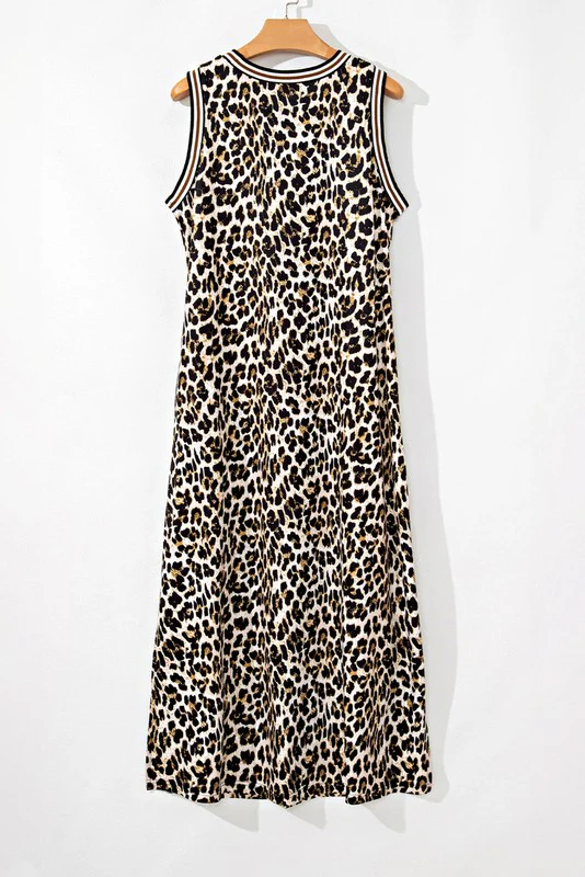 Contrast Stripe Trim Leopard Sleeveless long Dress - Image 4