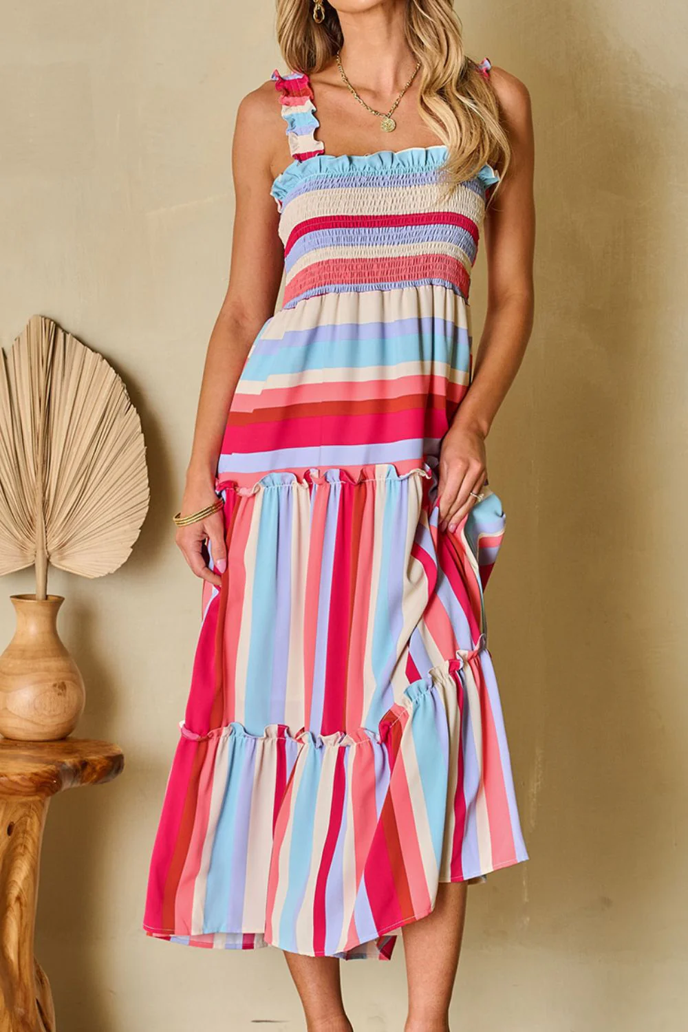 Contrast Stripe Wide Strap Smocked Tiered Dress - Image 3