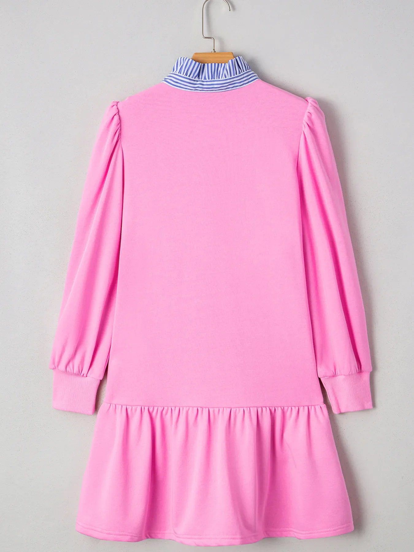 Contrast Striped Collar Patchwork Puff Sleeve Ruffle Hem Mini Dress - Image 3