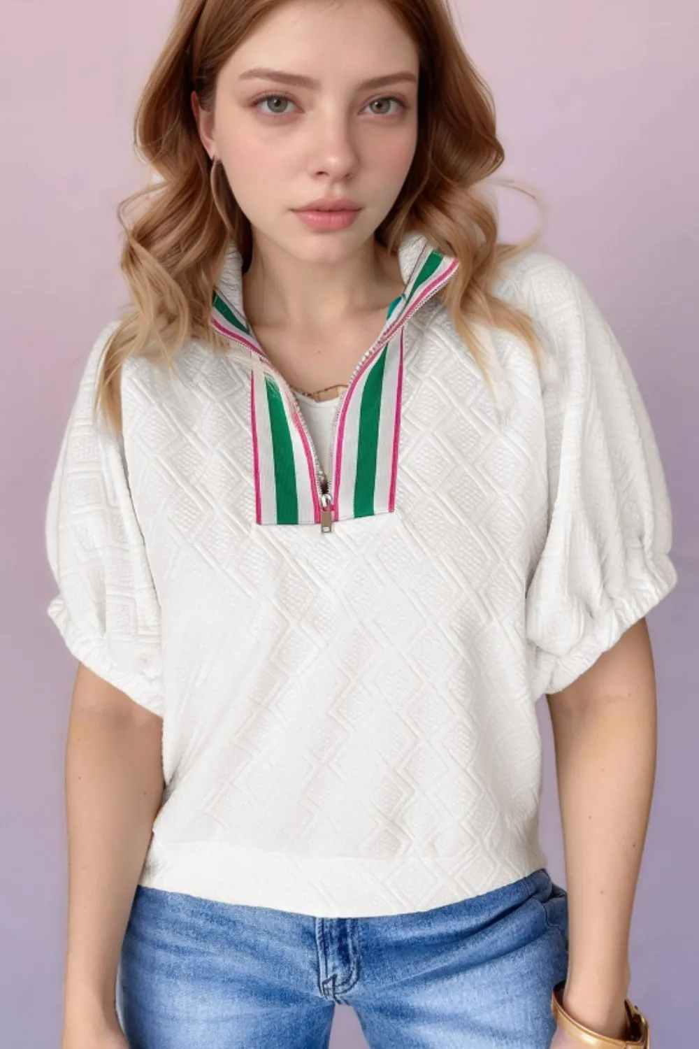 Contrast Striped Collar Patchwork Textured Half Sleeve Blouse - Image 9
