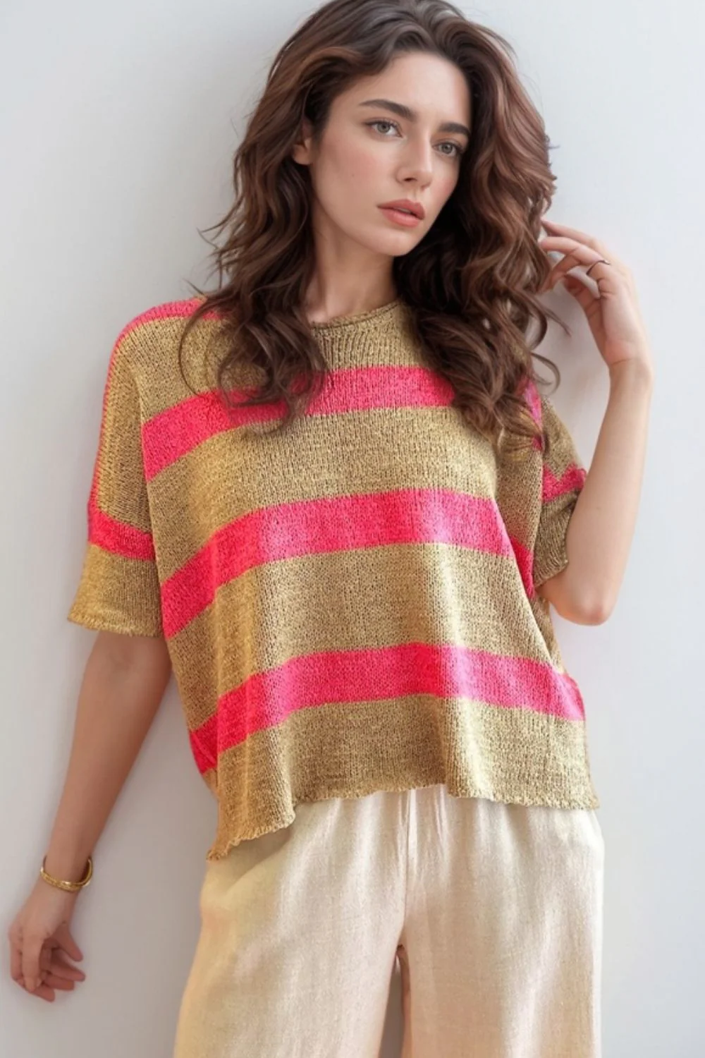 Contrast Striped Crew Neck Lightweight Knit Top - Image 2