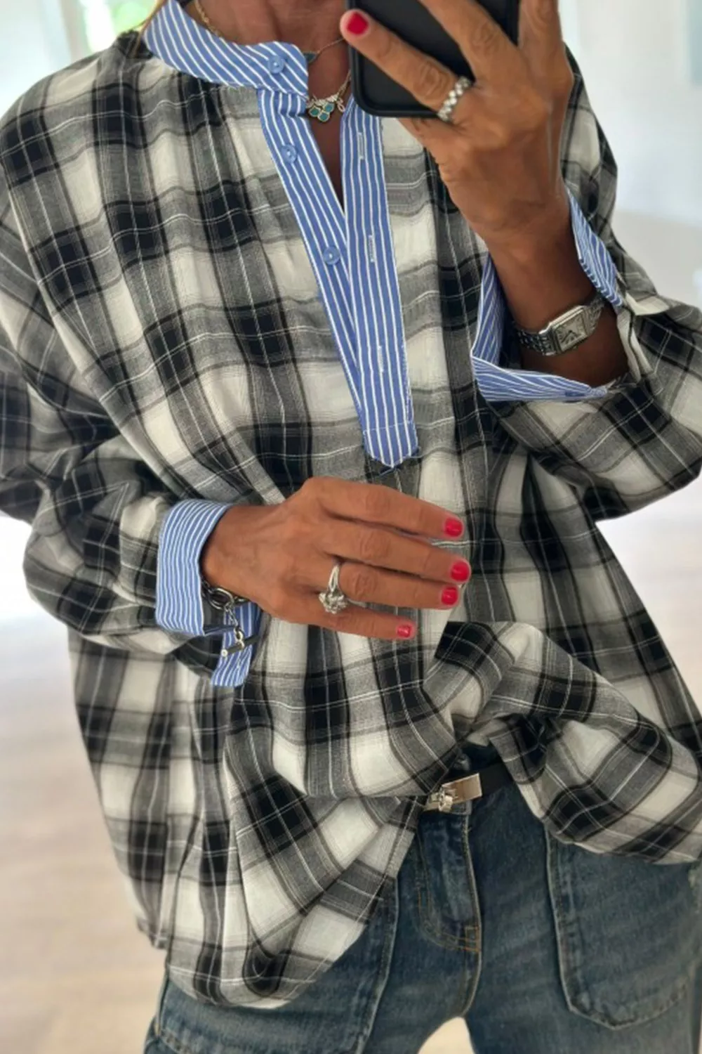 Contrast Striped Edge Half Placket Plaid Blouse - Image 3