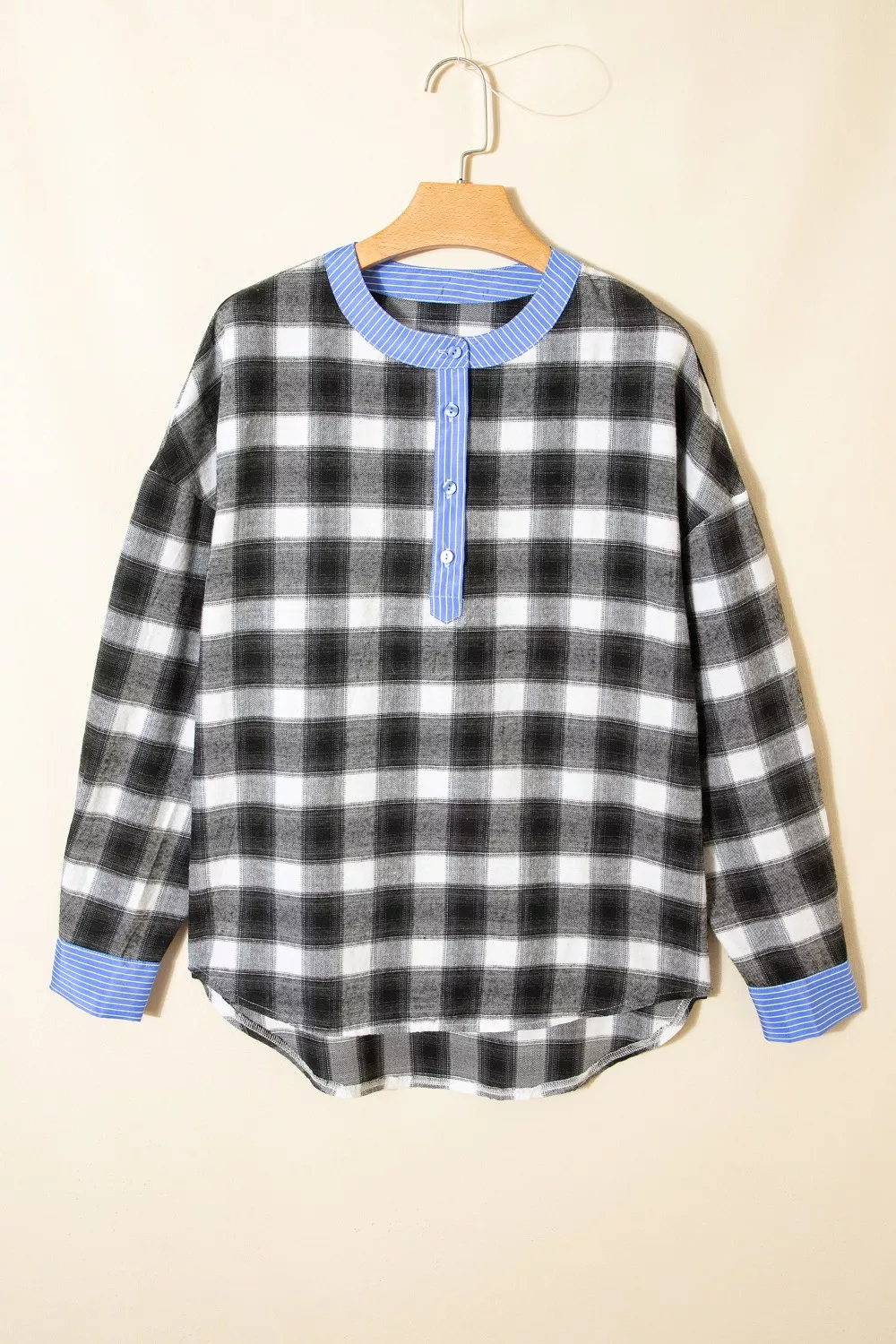Contrast Striped Edge Half Placket Plaid Blouse - Image 4