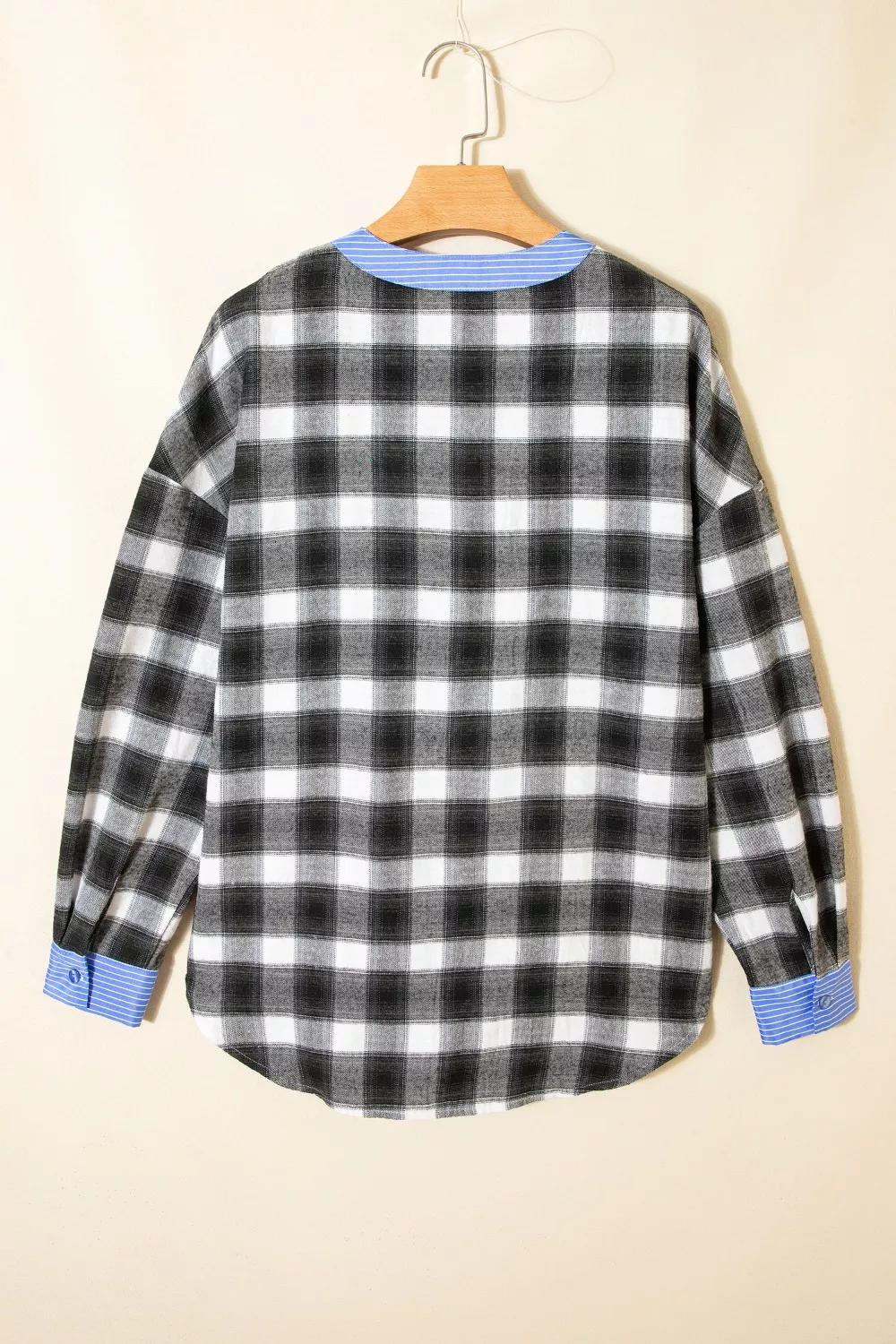 Contrast Striped Edge Half Placket Plaid Blouse - Image 5