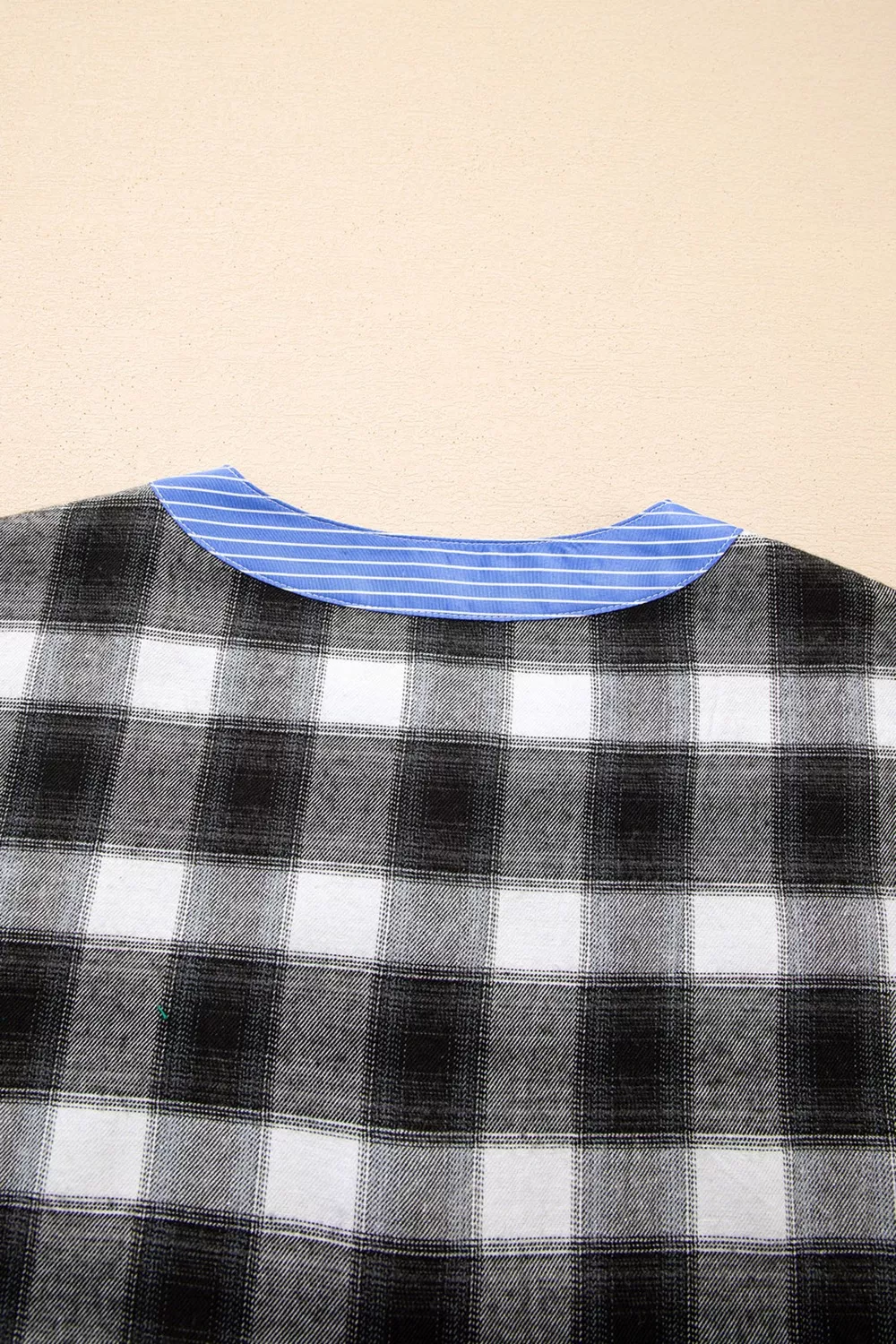 Contrast Striped Edge Half Placket Plaid Blouse - Image 7