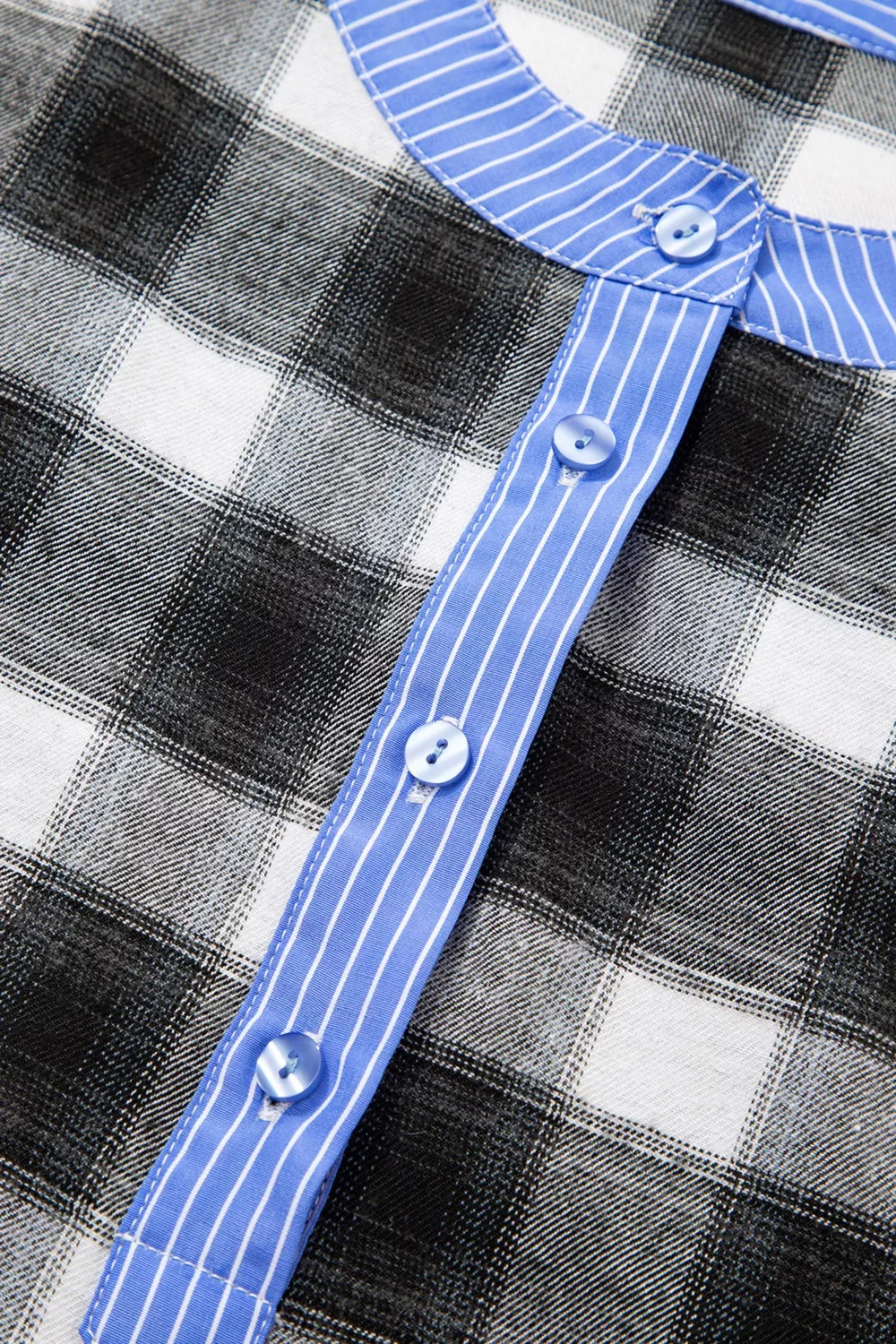 Contrast Striped Edge Half Placket Plaid Blouse - Image 9
