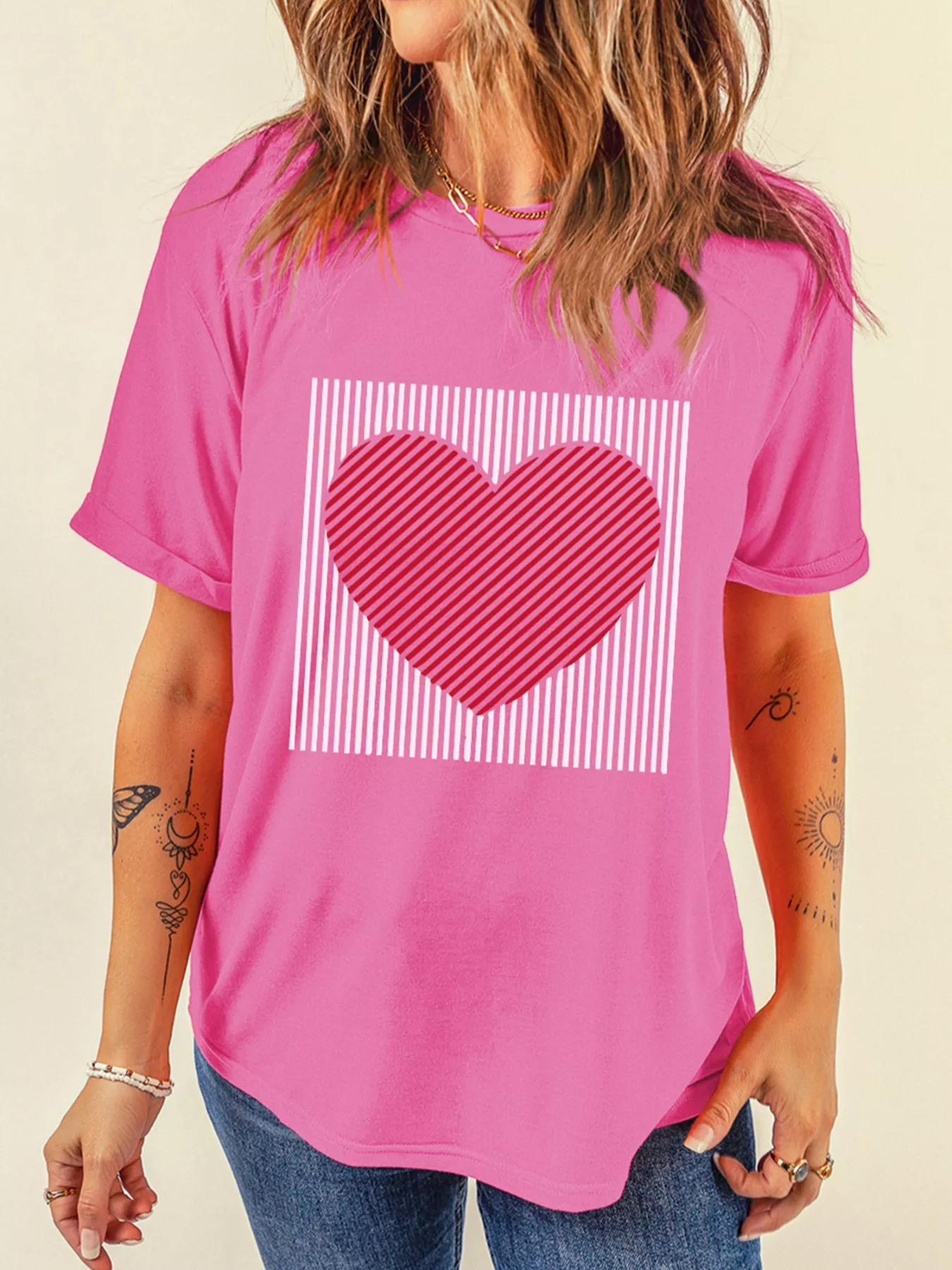 Contrast Striped Heart Printed Valentines Day T Shirt - Image 4