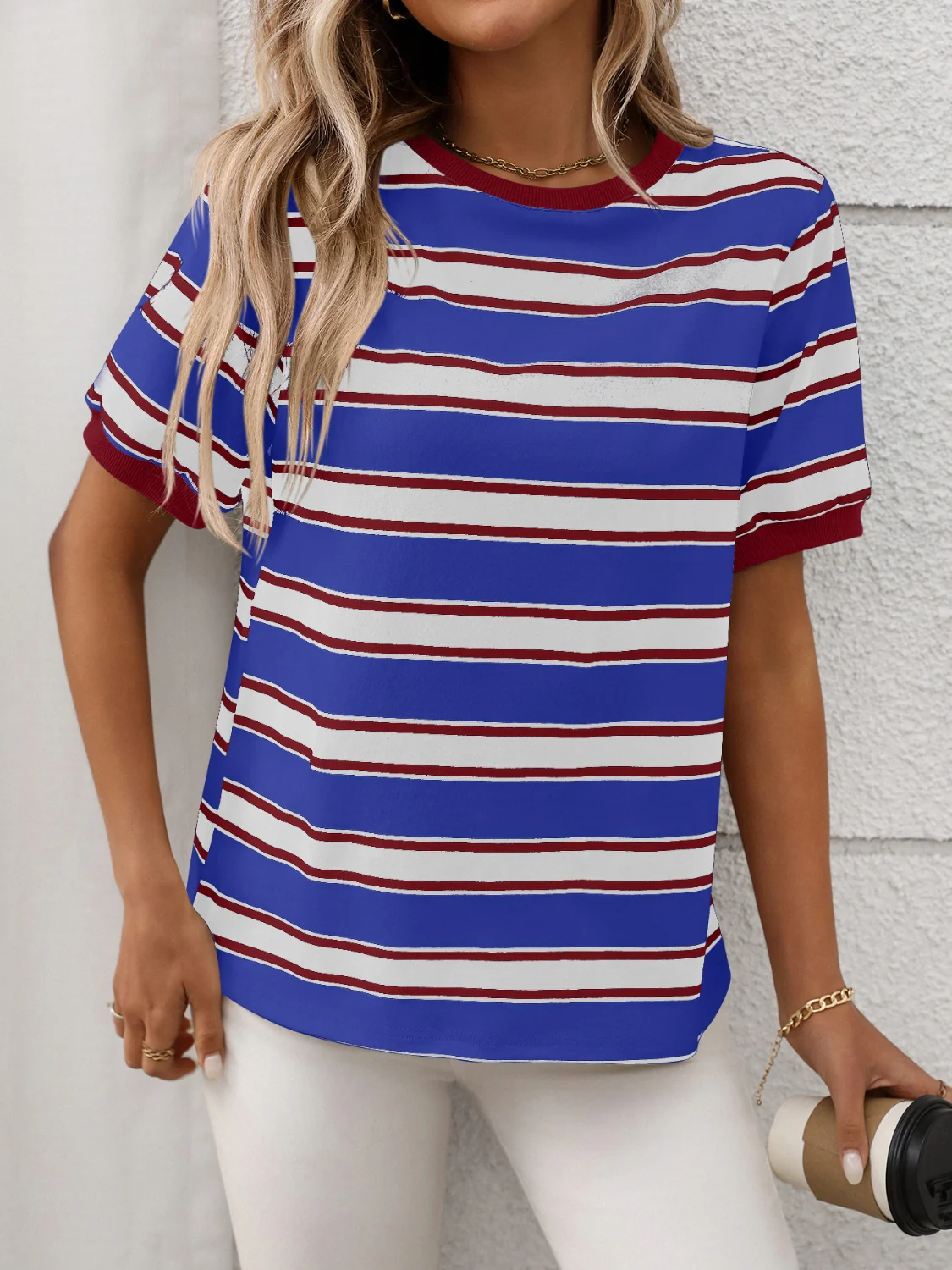 Contrast Striped Round Neck Short Sleeve T-Shirt - Image 16