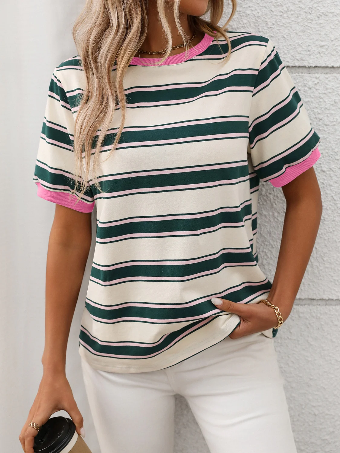 Contrast Striped Round Neck Short Sleeve T-Shirt - Image 5
